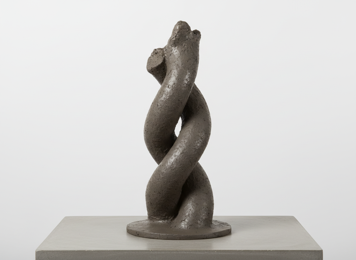 图中展示了一件放置在灰色方形台面上的抽象雕塑作品。雕塑整体呈现深灰色或褐土色，质地粗糙且带有颗粒感，仿佛是由湿润的泥土或粗砺的混凝土手工捏合而成。雕塑的造型由两根粗壮的条状物相互缠绕、螺旋上升，形成一个扭曲的柱状体，底部固定在一个圆形的底盘上。背景是纯净的浅灰色，光线柔和，从左侧投射下淡淡的阴影，营造出一种极简主义的艺术氛围。在 AI 生成的细节方面，可以观察到雕塑表面的纹理分布略显不自然，部分螺旋交汇处的物理衔接过于模糊，缺乏真实雕塑应有的受力逻辑和精细的刻痕，底座与台面的交界处也显得过于平滑，缺乏自然的阴影过渡。