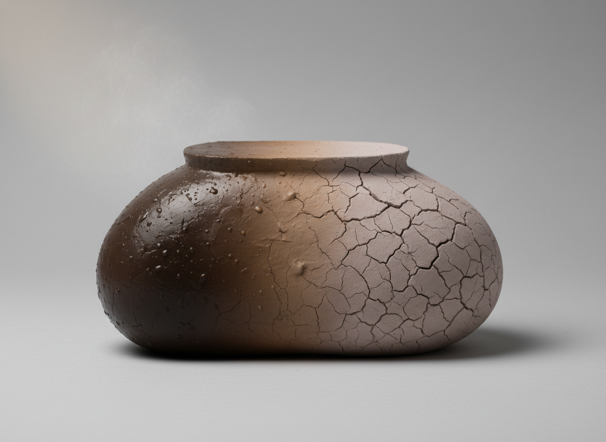 图中展示了一个外形圆润、类似陶罐或石头的艺术装置，静置在纯净的浅灰色背景中。这个物体呈现出一种奇特的质感渐变：左侧是深褐色的湿润表面，布满了晶莹的水珠；中间过渡为干燥的浅棕色；右侧则是灰白色的干裂纹理，如同干涸的土地。物体的顶部是平坦的，左上方升腾起一缕轻盈的白色烟雾或水蒸气，营造出一种冷热交替的氛围。光线从左上方照射，在物体右侧投下柔和的阴影。画面构图极简，视觉中心集中在物体表面的纹理对比上。作为 AI 生成的图像，画面存在明显的逻辑缺陷：物体的顶部虽然是平整的平面，但烟雾却像是从实心的材质内部凭空升起的，缺乏合理的开口或容器结构；此外，左侧水珠的分布与右侧干裂纹理的衔接过于生硬，不符合自然物理规律。