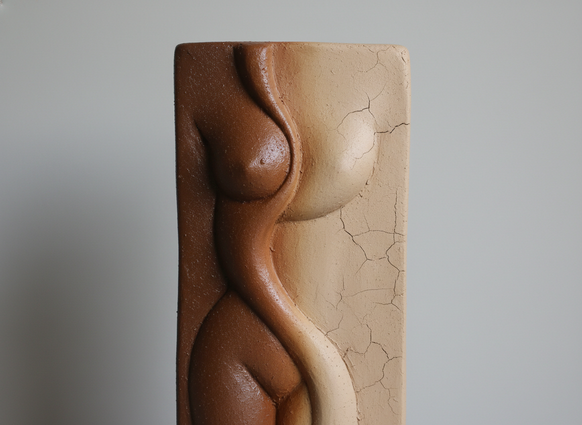 图中展示了一件长方形的陶艺浮雕作品，背景为纯净的浅灰色。这件作品以抽象而简约的手法刻画了女性的身体曲线，并将其纵向平分为两种截然不同的质感与颜色。左侧呈现深红褐色，表面带有细微的颗粒感和湿润的油亮光泽；右侧则为浅米色，质地干涩，布满了如干涸大地般的细碎裂纹。画面中心，两条柔美的曲线交织勾勒出胸部、腰肢与臀部的轮廓。在 AI 生成的细节方面，左右两部分的衔接处显得有些生硬，尤其是中间隆起的边缘线条在透视上略显不自然，仿佛是强行拼接在一起。此外，右侧裂纹的分布过于均匀且细碎，缺乏自然陶瓷开裂的随机感。整体构图简洁有力，通过色彩与质感的强烈对比，传达出一种关于生命、土地或二元性的艺术张力。