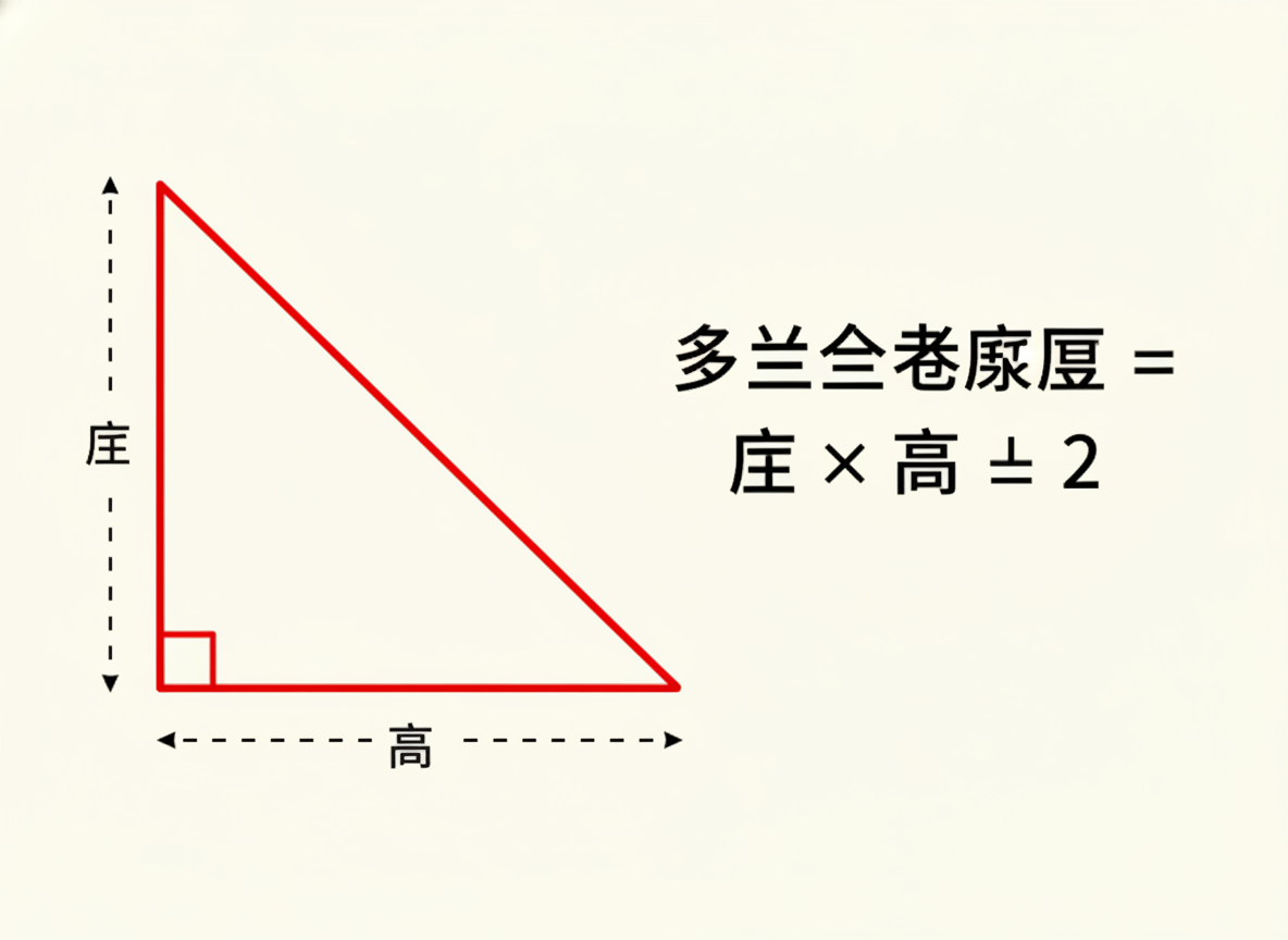 图中展示了一张带有几何图形和文字说明的示意图，背景为米白色。画面左侧是一个用红色线条勾勒的直角三角形，其直角位于左下角，并标有一个小的红色直角符号。三角形的垂直边左侧有一条带箭头的黑色虚线，标注着汉字“底”；水平边下方同样有一条带箭头的黑色虚线，标注着汉字“高”。画面右侧是两行黑色的文字公式。

这张图片存在明显的 AI 生成缺陷，主要体现在文字逻辑和常识错误上：首先，图中将三角形的垂直边标注为“底”，水平边标注为“高”，这与常规数学标注习惯相反；其次，右侧的第一行文字是一串无法辨认、无实际意义的乱码汉字；最后，下方的面积公式错误地写成了“底 × 高 ± 2”，不仅缺少三角形面积公式中核心的“除以 2”，还错误地使用了正负号，完全不符合几何学逻辑。