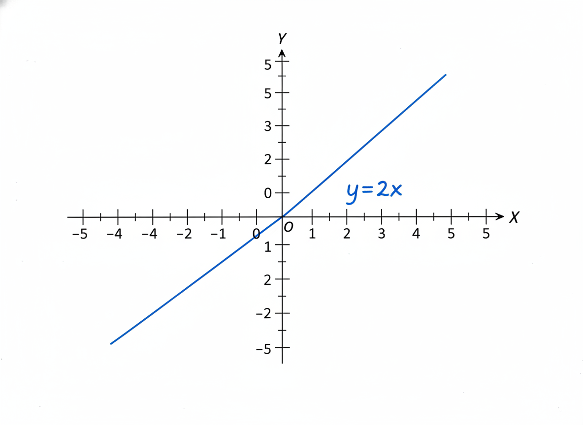 图中展示了一个平面直角坐标系，背景为纯白色。坐标系由黑色的 X 轴和 Y 轴组成，中心原点标记为字母 O。一条蓝色的直线穿过原点，右上方标注着蓝色手写体的函数表达式“y=2x”。然而，这张图片存在明显的 AI 生成逻辑错误：首先，坐标轴上的刻度数字排列极其混乱，例如 X 轴上出现了重复的 -4 和 5，数字与刻度线并未对齐；Y 轴正半轴出现了两个 5，且负半轴的数字序列为 1, 2, -2, -5，完全不符合数学逻辑。其次，蓝色直线的斜率与表达式“y=2x”严重不符，画面中的直线斜率接近 1（即 45 度角），而非预期的陡峭坡度。此外，刻度线的长短不一，分布疏密不均，整体呈现出一种看似专业但细节完全错误的 AI 幻觉特征。