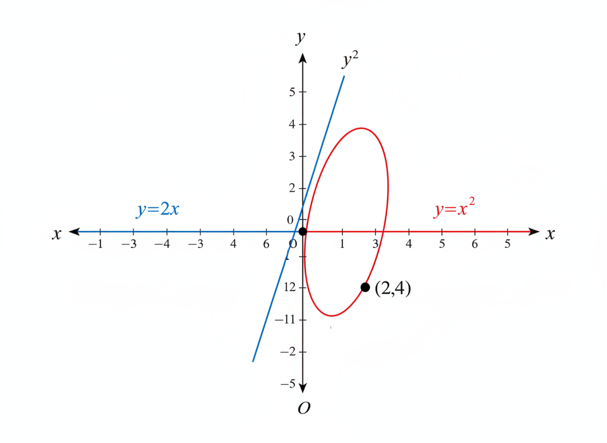 图中展示了一个白底的数学坐标系，包含黑色箭头的 x 轴和 y 轴，以及两条彩色曲线。画面中存在严重的 AI 生成逻辑错误和文字混乱。首先，坐标轴的刻度数字完全随机且不符合逻辑：x 轴左侧出现了 -1、-3、-4、-3、4、6 等乱序排列，右侧则是 1、3、4、5、6、5；y 轴上方刻度正常，但下方出现了 12、-11、-2 等错误数值。

在图形表现上，蓝色直线标注为“y=2x”，但它在第一象限上方却写着“y²”，且其倾斜角度与函数不符；红色曲线被标注为“y=x²”，本应是开口向上的抛物线，却被错误地绘制成了一个倾斜的椭圆。此外，图中标记了一个点 (2,4)，但该点位于第四象限，且并未落在任何曲线上。整体构图虽然模仿了教学插图的风格，但数学表达完全错误，属于典型的 AI 逻辑生成缺陷。