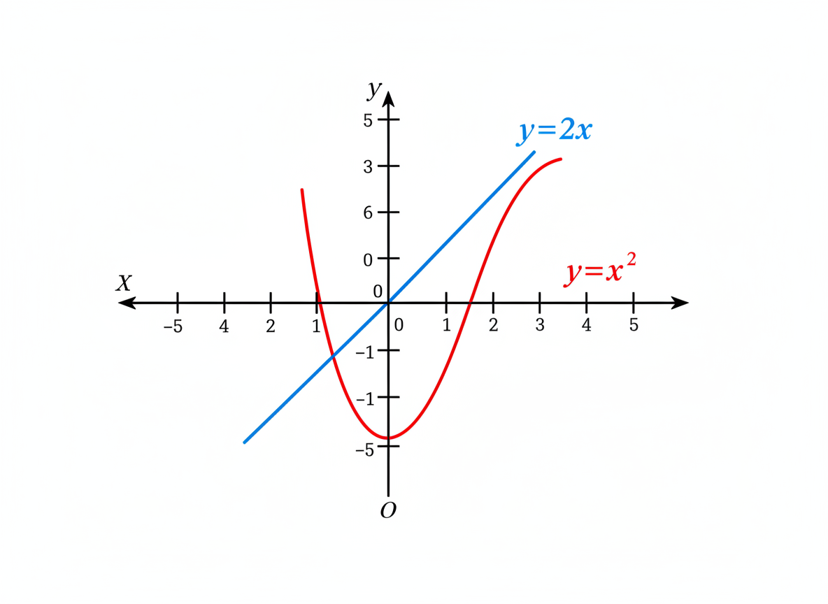 画面中展示了一个在白色背景下的二维数学坐标系，包含水平的 X 轴和垂直的 Y 轴。图中绘制了两条函数曲线：一条是穿过原点的蓝色直线，旁边标注着蓝色文字“y=2x”；另一条是红色的 U 形曲线，旁边标注着红色文字“y=x²”。

然而，这张 AI 生成的图片存在严重的逻辑和数学错误。首先，坐标轴上的刻度数字排列极其混乱且不符合逻辑，例如 X 轴负半轴出现了“4, 2, 1”的乱序，Y 轴正半轴则出现了“5, 3, 6, 0”的错误排序，且存在重复的数字。其次，函数图像与标注完全不符：红色的“y=x²”本应是开口向上且顶点在原点的抛物线，但图中却画成了一个偏移且扭曲的曲线；蓝色的直线虽然穿过原点，但其倾斜角度与刻度比例也不匹配。此外，X 轴左侧的箭头指向错误，文字标注的排版也显得生硬。这并非一张准确的数学教学图示。