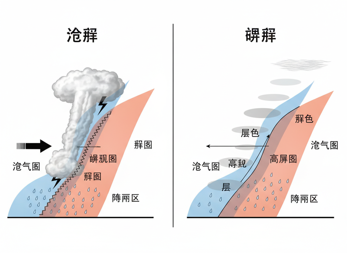 图中展示了一张试图解释气象学中冷锋与暖锋概念的对比示意图，背景为纯白色，画面被一条垂直黑线分为左右两部分。左侧模拟冷锋，显示蓝色气团推向红色气团，上方有一朵巨大的白色积雨云，并伴有闪电和密集的雨滴符号；右侧模拟暖锋，红色气团爬升在蓝色气团之上，上方分布着几层扁平的灰色云朵。画面使用了明亮的蓝色、橙红色和灰色来区分不同的气流与云层。然而，这张图片存在明显的 AI 生成缺陷：画面中的所有文字均为无意义的乱码或错别字，例如“沧解”、“碑解”、“沧气图”等，完全无法传达正确的信息。此外，左侧云朵的形状略显僵硬，像是一个白色的烟囱，而右侧的箭头指向与气流逻辑也存在透视上的混乱。整体而言，这是一张视觉结构清晰但文字内容完全错误的示意图。