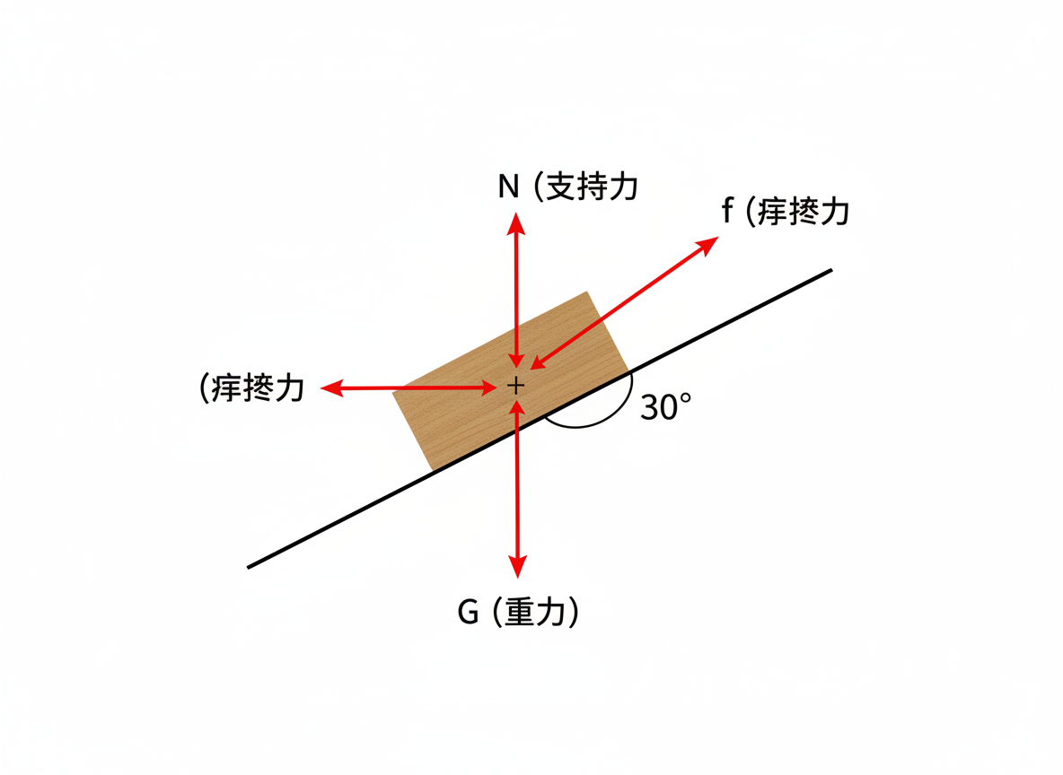 图中展示了一个物理受力分析的示意图。在白色背景中央，有一条倾斜 30 度的黑色直线代表斜面，其上放置着一个浅棕色木块。木块中心有一个黑色十字，以此为原点延伸出四根红色的受力箭头。向上垂直于斜面的箭头标注为“N（支持力）”，向下垂直指向地面的箭头标注为“G（重力）”，沿斜面向上的箭头标注为“f（摩擦力）”。

画面中存在明显的 AI 生成缺陷：首先是文字错误，图中出现了两处“摩擦力”的错别字，被误写成了“痒擦力”；其次是逻辑矛盾，木块左侧多出了一个水平向左的红色箭头，同样标注为“（痒擦力）”，这在物理受力分析中是不合理的；此外，支持力 N 的箭头并未严格垂直于斜面，而是垂直于水平面向上，与重力 G 在同一直线上，这违反了基本的物理常识。整体构图简洁，但科学性存在严重偏差。