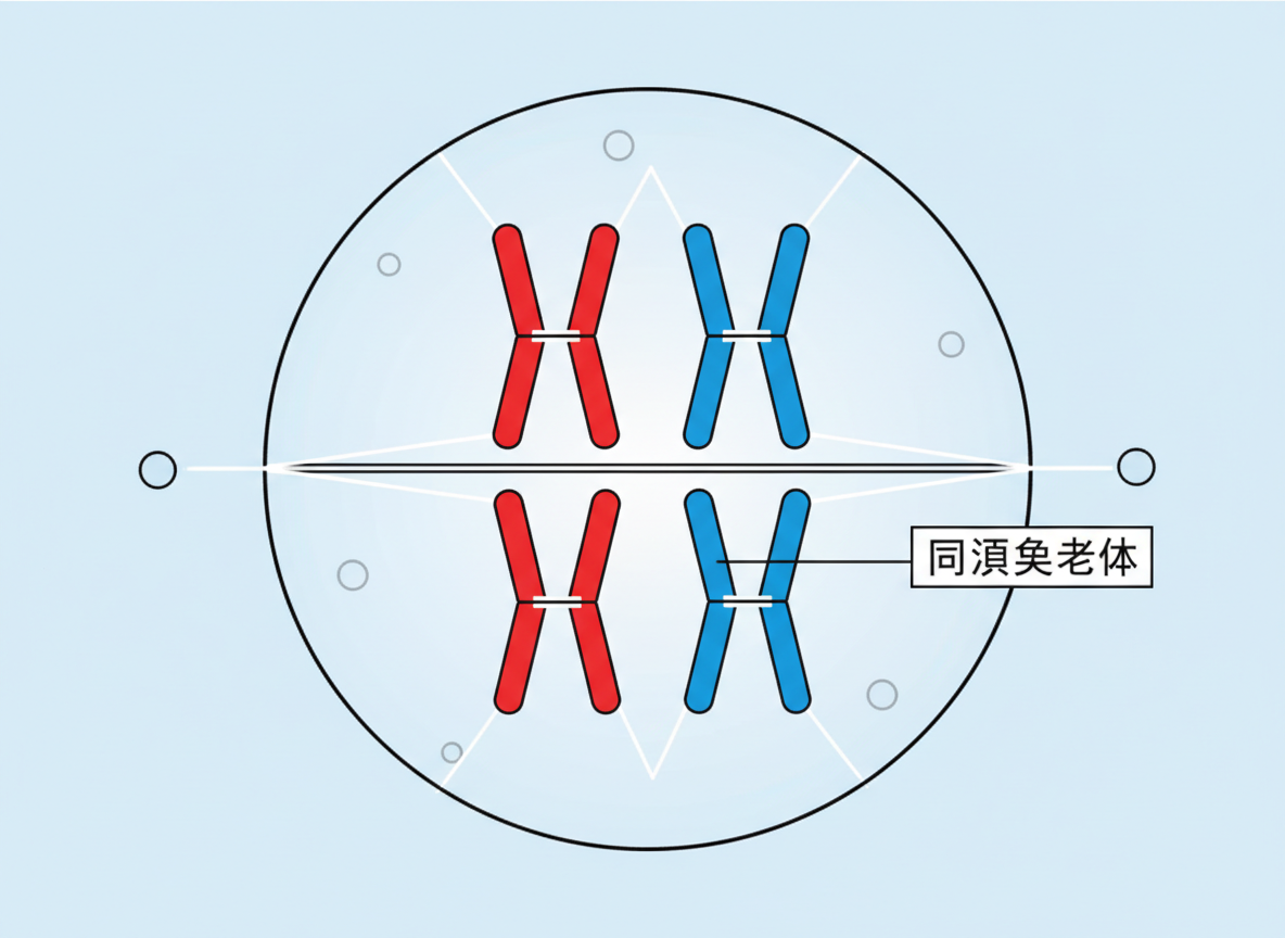 图中展示了一张模拟生物细胞分裂过程的科学示意图。背景为淡蓝色，中央是一个黑色线条勾勒的大圆形，代表细胞。圆内上下两排对称排列着四对类似“X”形状的染色体，左侧两对为红色，右侧两对为蓝色。画面中心有一条水平的白色亮线，周围点缀着一些灰白色的小圆圈和放射状的白色细线，模拟纺锤丝的效果。右侧有一个标注框，指向其中一对蓝色染色体。

这张图片存在明显的 AI 生成缺陷：首先是文字错误，标注框内的汉字为“同滇免老体”，这并非正确的生物学术语（应为“同源染色体”），且字形扭曲、逻辑不通。其次，图形结构不严谨，染色体的形状过于僵硬且比例不一，中间的水平亮线与背景线条的衔接显得生硬，缺乏真实科学插图的精确性。整体构图虽然对称，但细节处的线条重叠和模糊处理显示了 AI 生成的随机性。