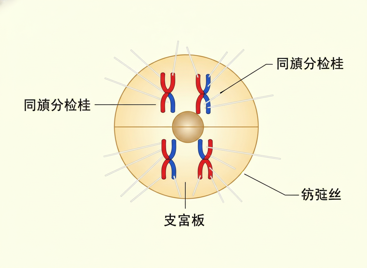 画面中展示了一幅试图模仿生物学细胞分裂过程的示意图。背景为淡米色，中心是一个大的淡黄色圆形，代表细胞，圆心处有一个深黄色的球体。圆内分布着四个类似染色体的“X”形结构，每个结构由红蓝两色组成，并有许多白色细线从圆周向这些结构延伸。图像中存在明显的 AI 生成缺陷，主要体现在文字和科学逻辑上：图中的中文标注完全是无意义的乱码组合，如“同旗分检桂”、“支富板”和“纺斑丝”，这些词汇在生物学中并不存在，且字体笔画生硬。此外，白色细线的分布杂乱无章，不符合真实纺锤丝的放射状逻辑，染色体的排列也显得随意。整体构图虽然模仿了教材插图，但由于文字错误和结构不严谨，无法作为准确的科学参考。