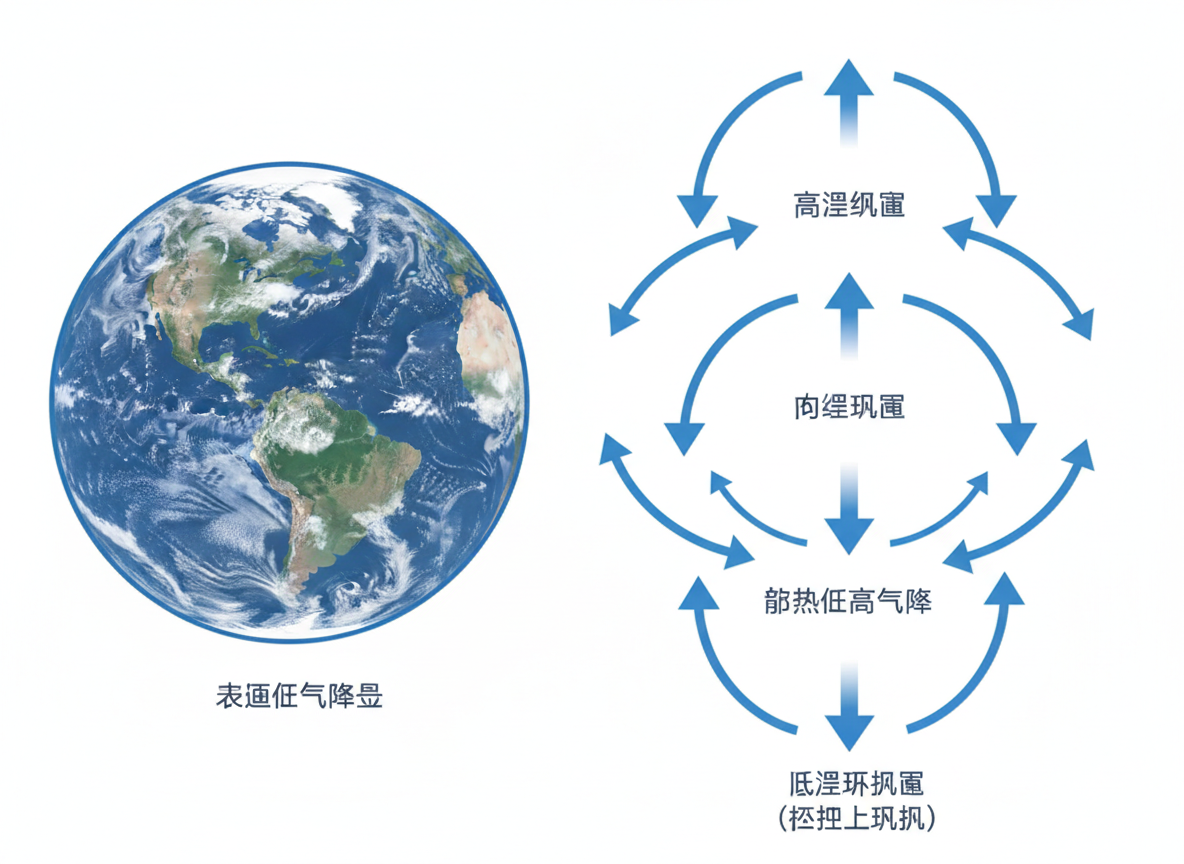 图中展示了一张试图解释地球大气环流或气象原理的示意图，背景为纯白色。画面左侧是一个写实的地球球体，主要显示了南北美洲的陆地轮廓，海洋呈深蓝色，并覆盖着白色的云团。画面右侧是一组由蓝色线条和箭头组成的环流图示，箭头交错指向不同方向，环绕着几行深蓝色的文字。然而，这张图片具有明显的 AI 生成缺陷，主要体现在文字和逻辑表达上：图中的所有中文字符均为无意义的乱码或臆造字，例如“表通低气降显”、“高涅纵窌”等，完全无法传达真实的科学信息。此外，右侧的箭头环流结构显得杂乱且不符合物理逻辑，线条衔接生硬。整体构图虽然模仿了教科书风格，但由于文字错误和科学逻辑缺失，仅具有视觉上的形式感，不具备实际的教育参考价值。