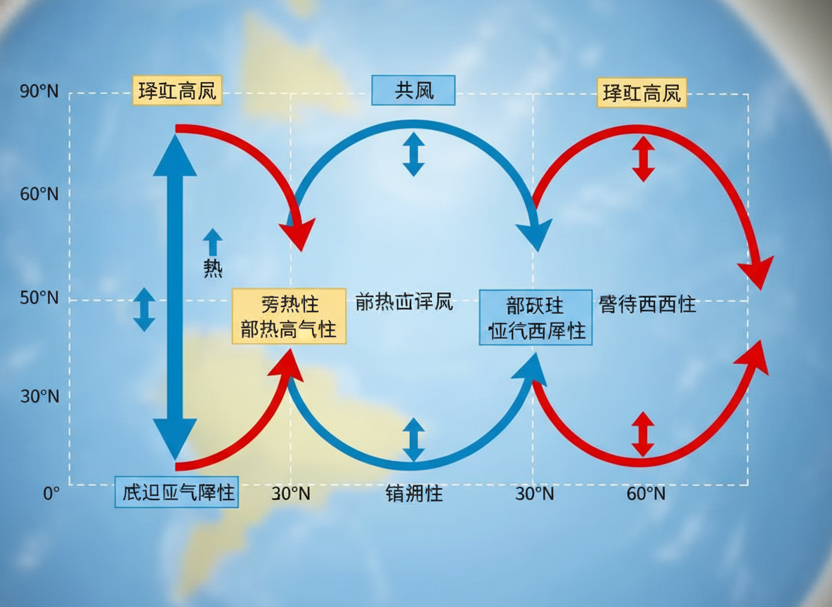 画面中展示了一张试图解释地球大气环流的示意图，背景是一个模糊的蓝色地球。图中包含多个红色和蓝色的半圆形箭头，交织成类似环流圈的结构，并配有若干文字标签和纬度刻度（如0°、30°N、60°N等）。整体色调以蓝、红、黄为主，构图呈现出一种对称的科学图表风格。然而，这张图片存在明显的 AI 生成缺陷：最严重的问题在于文字内容，画面中的中文标签几乎全部是无意义的乱码或错别字组合，例如“珜缸高夙”、“底迢亚气降性”等，完全无法传达正确的地理科学知识。此外，箭头的指向与纬度标注逻辑混乱，左右两侧的纬度数值不一致且排列随意，无法作为有效的教学参考。这种文字和逻辑的崩坏是 AI 在生成专业知识图表时常见的错误。