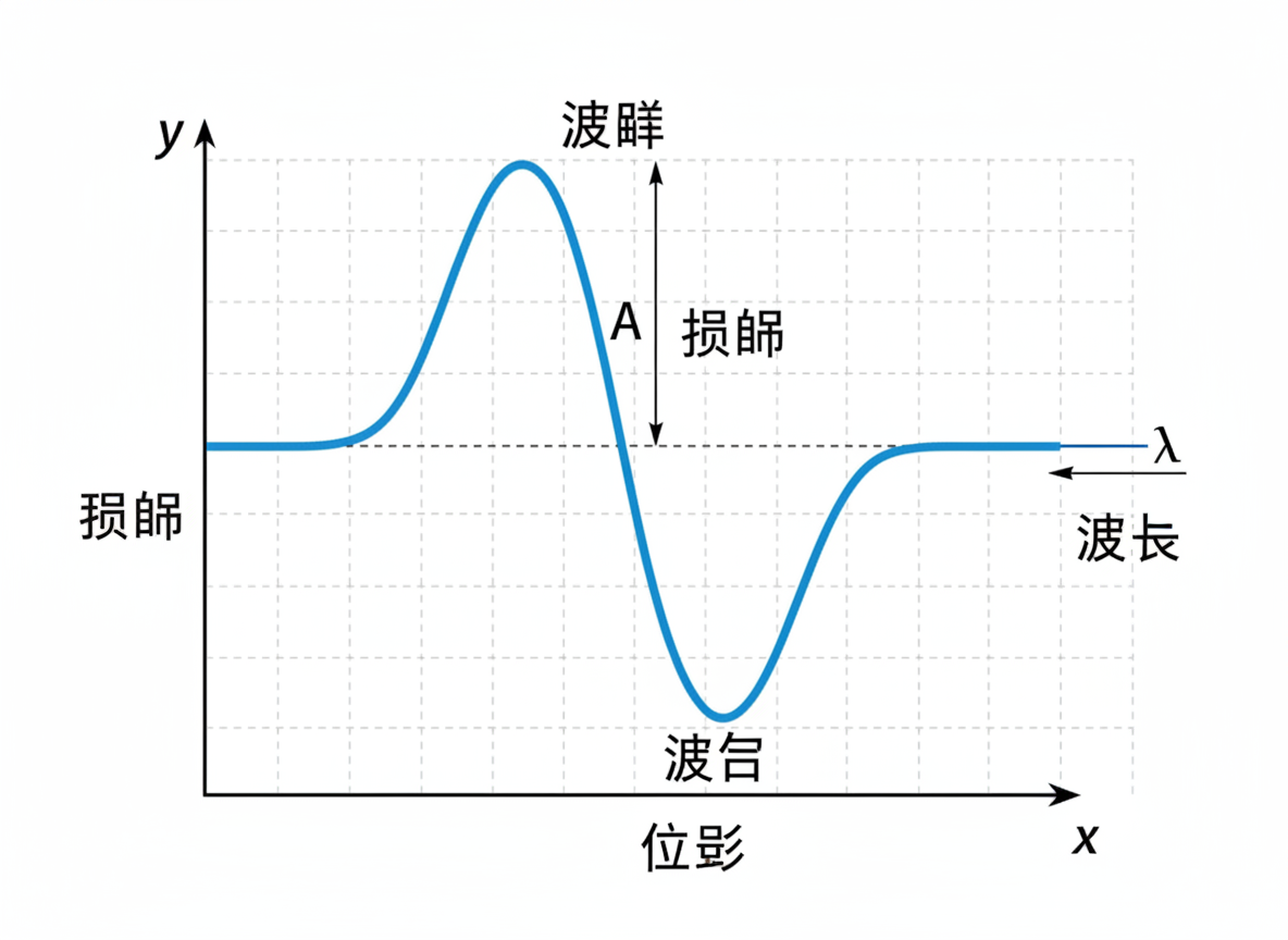 图中展示了一个在直角坐标系中的蓝色波动函数图表，背景带有浅灰色的虚线网格。横轴标注为 x，纵轴标注为 y，画面中心是一段完整的正弦波形，包含一个波峰和一个波谷。图中使用了多种文字标注来解释波的物理特性，但存在明显的 AI 生成缺陷：文字出现了严重的拼写错误和乱码，例如“波峰”被误写为“波畔”，“振幅”被误写为“损解”或“损吊”，“位移”显示为“位彭”，且部分标注位置偏移。此外，右侧表示波长 λ 的箭头指向并不明确，仅停留在水平基准线上。整体构图虽然模仿了科学教科书的风格，但由于文字逻辑错误，无法作为准确的教学参考。