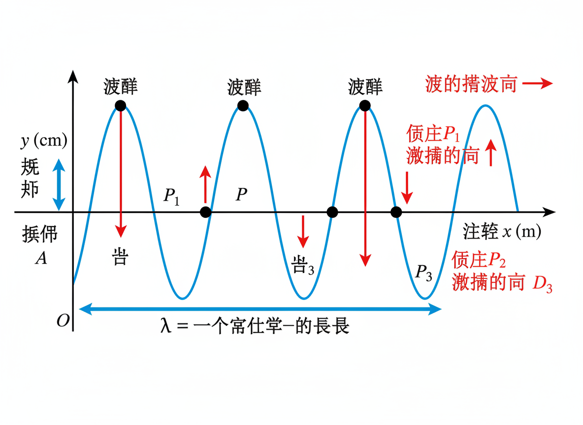 画面中展示了一张模拟物理学波动图像的示意图。背景为纯白色，主体是一个蓝色的正弦波曲线，横跨在黑色的直角坐标系中。横轴标注为 x (m)，纵轴标注为 y (cm)。波形上有多个黑点标注了波峰和平衡位置上的点，并配有红色的箭头表示运动方向。然而，这张图片具有非常明显的 AI 生成缺陷，主要体现在文字逻辑的完全混乱：图中充斥着大量错误的伪汉字和无法理解的词组，例如“波群”、“规郑”、“振佣”、“倾庄”以及底部含义不明的“λ = 一个常仕掌—的长长”。此外，红色的标注文字排版随意，部分箭头与文字重叠，且波形的物理逻辑表达模糊。整体构图虽然模仿了教科书插图，但由于文字信息的彻底失效，无法作为有效的教学参考。