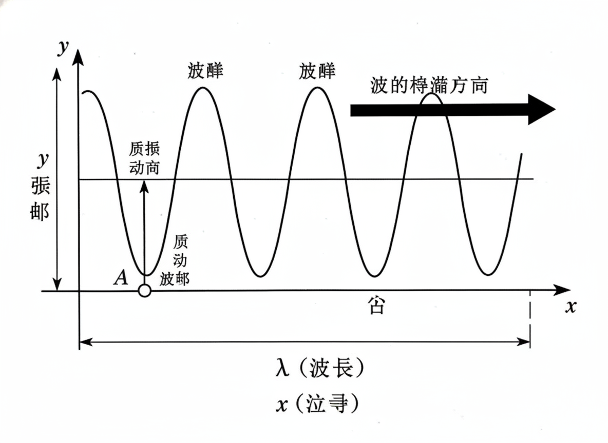 图中展示了一张模拟物理学中横波图像的示意图。背景为纯白色，主体是一个带有直角坐标系的波动曲线。y 轴向上，x 轴向右，画面中心是一条黑色的正弦波形曲线，呈现出起伏的波峰和波谷。波形上方有一个粗壮的黑色向右箭头，标注着波的传播方向。下方标注了波长符号 λ。然而，这张图片具有非常明显的 AI 生成缺陷，主要体现在文字逻辑的混乱上：图中所有的汉字标注均为无意义的乱码或错别字，例如将“波峰”写成“波畔”或“放畔”，“传播”写成“樽淄”，“位移”写成“张邮”，以及“质点”写成“质动商”等。此外，坐标轴的刻度与波形的比例并不严谨，部分线条连接处略显生硬，文字排版位置也显得随意，完全无法作为正式的教学参考资料使用。