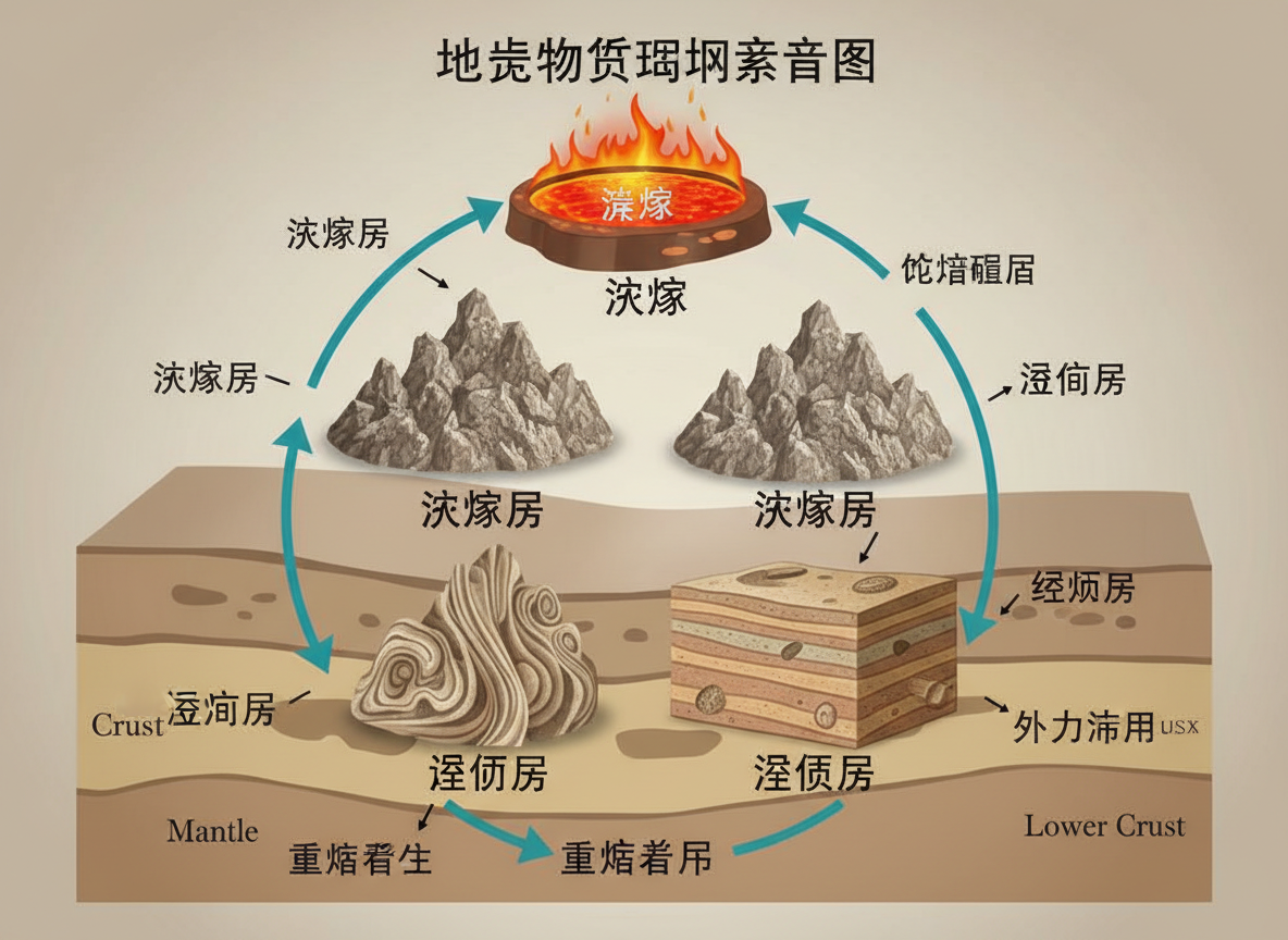 画面中展示了一张试图解释地质循环的科学示意图，整体采用米色背景，构图呈现出一种循环流动的过程。画面顶部是一个燃烧着火焰的岩浆池，中间是两座灰色的山脉，底部则是地壳剖面，展示了褶皱岩层和沉积岩块。青蓝色的箭头在这些元素之间连接，形成一个闭环。然而，这张图片具有非常明显的 AI 生成缺陷，主要体现在文字和逻辑上：画面中所有的中文标注均为毫无意义的乱码或臆造字（如“汭嫁房”、“淫徇房”等），完全无法阅读或理解其科学含义。英文单词如“Crust”和“Mantle”虽然拼写正确，但位置排布随意。此外，箭头的指向逻辑混乱，山脉与地层的衔接也缺乏真实的地质学依据，是一张典型的看似专业但内容完全错误的 AI 伪造示意图。