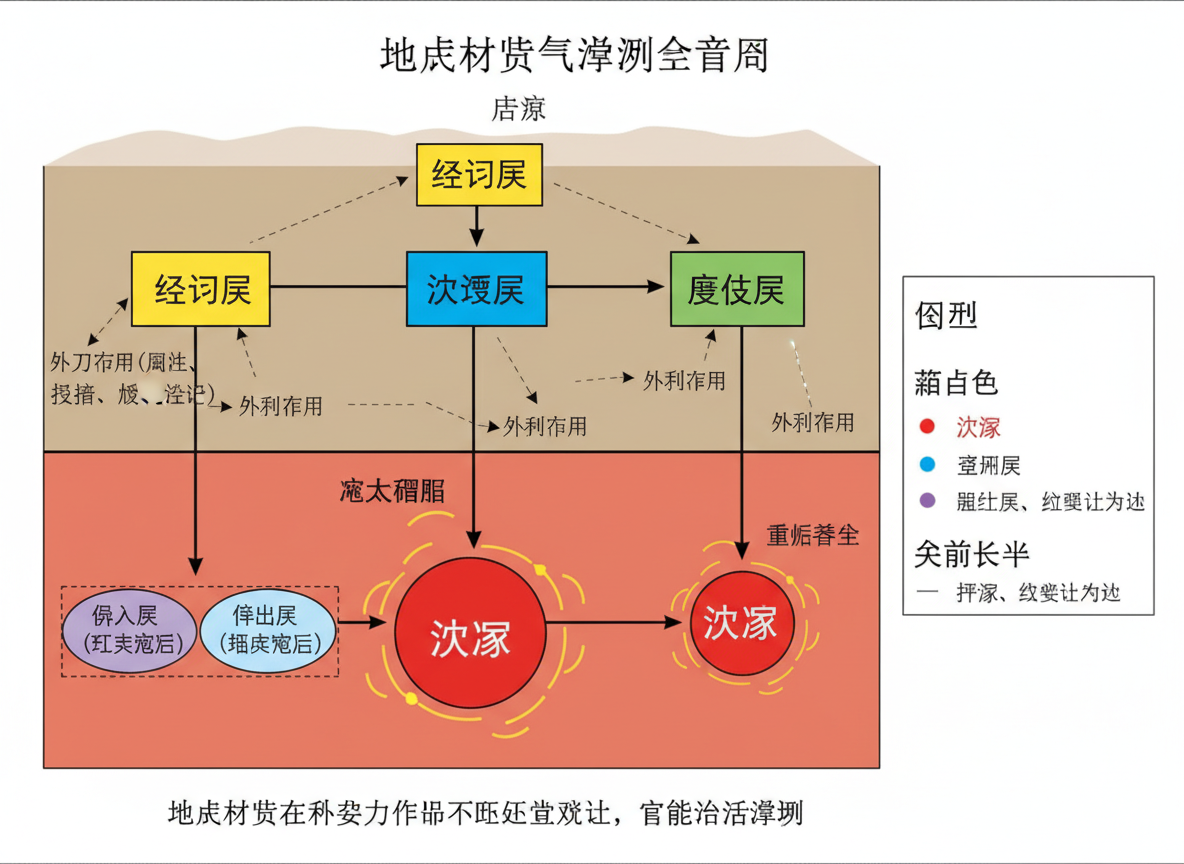 图中展示了一张试图模仿科学流程图或技术原理图的 AI 生成图片。画面构图分为上下两层：上层背景为浅棕色，分布着黄色、蓝色和绿色的矩形方框；下层背景为砖红色，包含圆形图标和椭圆形气泡。各元素之间由实线和虚线箭头连接，右侧附有一个图例说明栏。画面整体色调明亮，逻辑结构看似严谨。然而，这张图片存在严重的 AI 生成缺陷，最显著的问题是文字完全不可读。画面中所有的汉字均为随机笔画组合而成的“伪汉字”，没有任何实际含义，标题、方框内的标签以及右侧的图例均是乱码。此外，部分线条连接逻辑混乱，箭头指向模糊，图例中的颜色圆点与左侧主体图形的颜色并不完全对应，属于典型的缺乏逻辑支撑的视觉模拟。