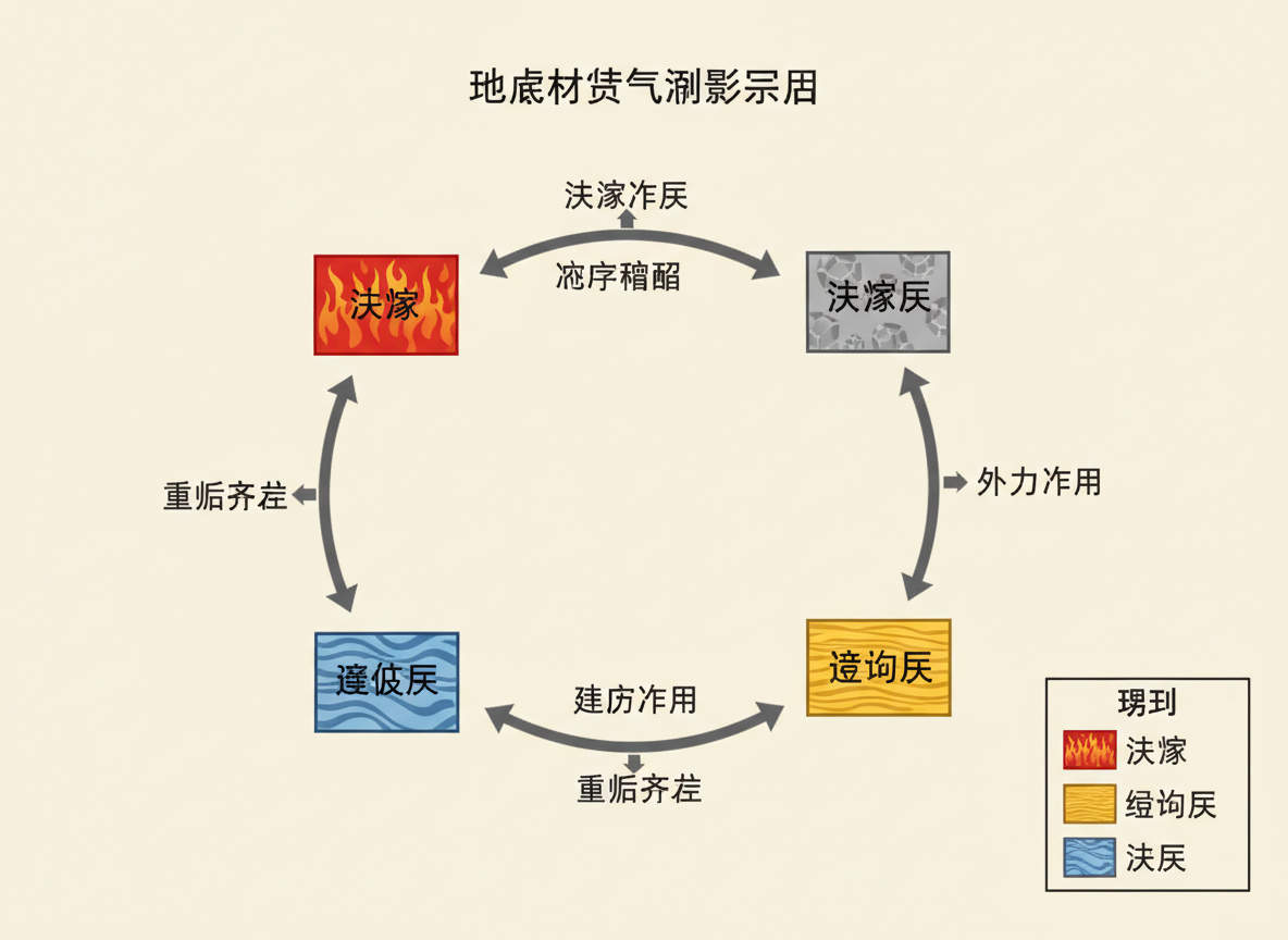 图中展示了一张模拟地理科学风格的流程图，背景为淡米黄色。画面中心由四个彩色方框组成一个圆环路径，分别代表不同的物质状态：左上方是红色的火焰纹理，右上方是灰色的岩石纹理，右下方是黄色的地层纹理，左下方是蓝色的波浪纹理。方框之间由灰色的双向弧形箭头连接，箭头旁标注了说明文字。右下角有一个图例框，对颜色和名称进行了对应。

这张图片具有明显的 AI 生成缺陷，主要体现在文字逻辑上。画面中所有的中文字符虽然笔画清晰，但大多是无法辨认的“伪汉字”或乱码组合，例如标题和方框内的标注均无实际含义，仅有右侧的“外力作用”字迹较为清晰。此外，流程图的逻辑指向性模糊，箭头与文字的排版略显随意，图例中的文字与上方方框内的文字也无法完全对应，属于典型的 AI 模拟图表视觉效果但缺乏实质内容的生成错误。