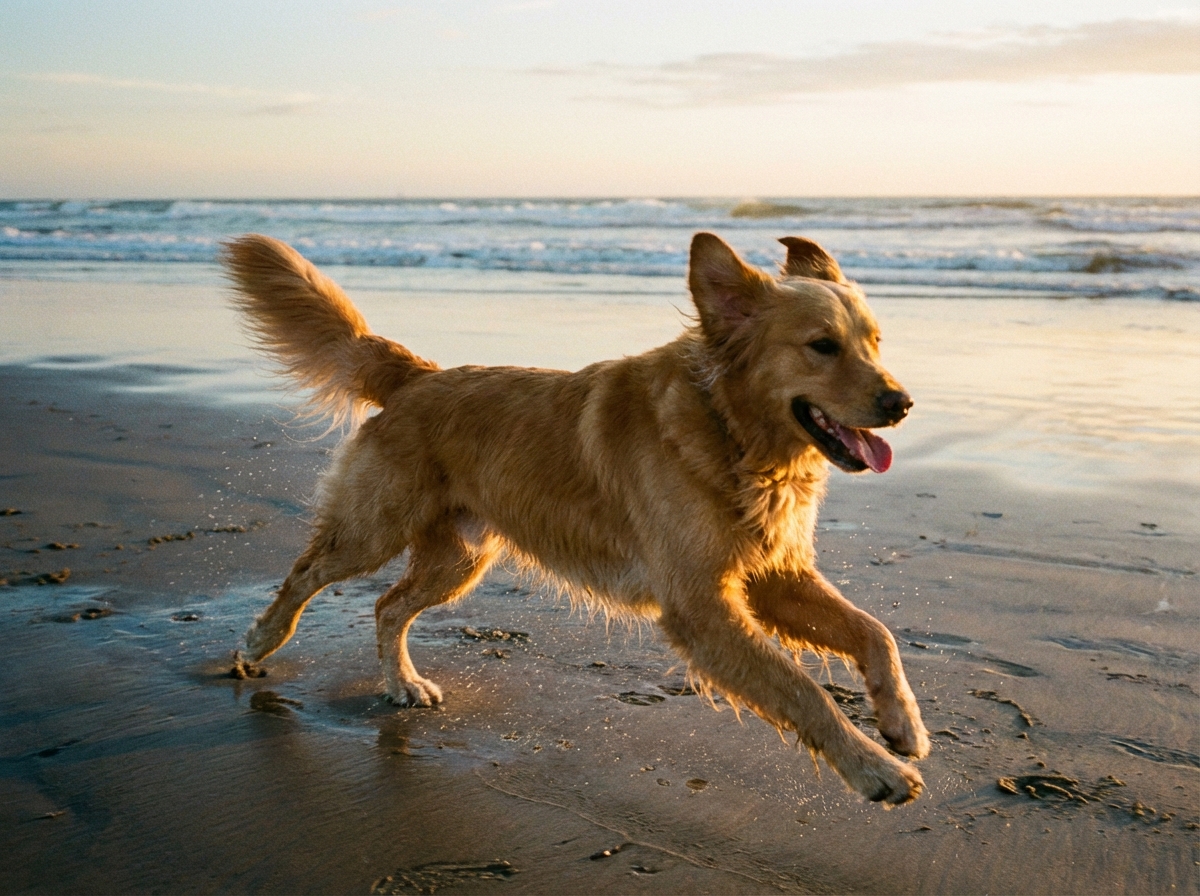 图中展现了一只金色的寻回犬在夕阳下的海滩上欢快奔跑的场景。这只狗占据了画面的中心，它正向右侧跃起，全身披着浓密的金色长毛，在暖黄色的阳光照射下显得格外耀眼。它的嘴巴张开，吐出粉红色的舌头，表情看起来非常兴奋。背景是宽阔的沙滩和层层拍打岸边的海浪，天空呈现出柔和的浅橙色和淡蓝色交织的晚霞色彩。整体构图动感十足，光影温暖。

然而，画面中存在明显的 AI 生成缺陷：最显著的是这只狗长有五条腿。在它腹部下方，除了正常的四肢外，还多出了一条悬空的腿部残影；此外，它左后腿的爪子形状模糊，与沙地的接触显得不够自然；狗的尾巴根部连接处也略显生硬，毛发的纹理在某些部位出现了不自然的融合。尽管环境氛围渲染得很好，但这些解剖学上的错误揭示了其 AI 生成的本质。