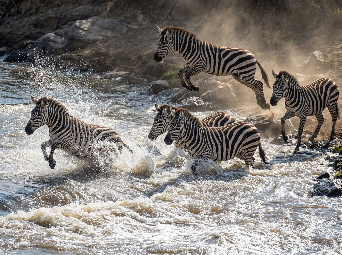 图中展示了一群斑马正在波涛汹涌的河流中奋力渡河的壮观景象。画面色调以自然的土褐色、灰白色和斑马特有的黑白条纹为主。左侧一只斑马正跃入水中，激起巨大的白色浪花；中间两只斑马并排在湍急的水流中前进；右上方一只斑马正从陡峭的土坡跃向河岸，身后扬起阵阵尘土；最右侧还有一只斑马站在岸边岩石上观察。构图充满了动感和张力，展现了野生动物迁徙的艰辛。

然而，画面中存在多处明显的 AI 生成缺陷：最左侧跃起斑马的前腿结构异常，蹄部形状模糊且扭曲；中间两只斑马的身体重叠部分逻辑混乱，条纹衔接不自然，仿佛共用了一个身体；上方跃起斑马的后腿比例失调，且其悬浮的角度与重力感不符；右侧岸边斑马的腿部与岩石接触处透视错误，显得有些漂浮。此外，水花的纹理在局部显得过于细碎且重复，缺乏真实流体的连贯性。