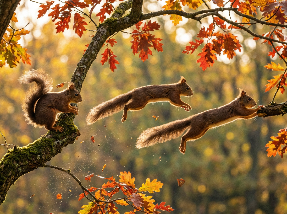 图中展现了一个充满秋意、阳光明媚的森林场景，三只棕红色的松鼠正在布满红黄色橡树叶的枝干间跳跃。画面色调温暖，背景是虚化的金色林木，阳光从树叶缝隙中洒下，形成柔和的光晕。构图上，最左侧的松鼠正准备起跳，中间的松鼠在空中完全舒展身体，最右侧的松鼠则即将抓到对面的树枝。然而，这张图片存在明显的 AI 生成缺陷：中间那只腾空的松鼠只有三条腿，缺失了右后腿，且其尾巴与身体的连接处显得生硬且不自然；最右侧松鼠抓握树枝的前爪结构混乱，指节模糊并与树皮纹理融合；此外，空中飘落的碎屑和叶片在透视和光影上显得杂乱，部分叶片的边缘呈现出不合理的锯齿状，缺乏真实的物理质感。尽管氛围温馨，但生物结构的缺失和细节的逻辑错误揭示了其 AI 生成的本质。