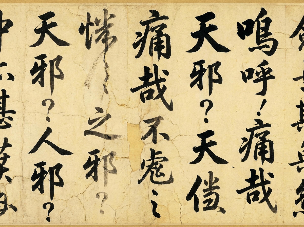 画面中展示了一幅模仿中国古代书法风格的卷轴局部。背景是带有褶皱、裂纹和泛黄质感的古旧纸张，色调呈现出温暖的米黄色。纸上书写着几列黑色的毛笔字，字体介于行书与楷书之间，笔触有力，墨色浓淡不一。文字内容包含「呜呼！痛哉」、「天邪？」等带有强烈情感色彩的词汇。

然而，作为一张 AI 生成的图片，画面中存在明显的逻辑与文字缺陷：首先，书法中出现了现代标点符号「！」和「？」，这在真实的古代书法作品中是不可能出现的；其次，部分汉字结构扭曲，出现了无法辨认的「伪汉字」或笔画断裂，例如「痛」字内部结构模糊，「邪」字的偏旁部首比例失调；此外，纸张上的裂纹分布过于均匀且生硬，缺乏自然岁月的侵蚀感，文字的排版也显得略微拥挤，不符合传统书法的章法布局。