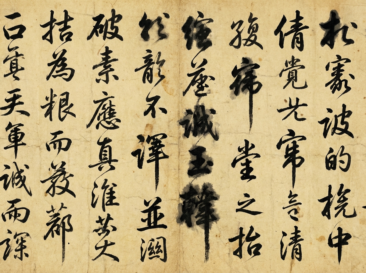 图中展示了一幅模仿中国古代书法作品的画面。背景是带有褶皱和岁月痕迹的淡黄色宣纸，纸张质感古朴，隐约可见细微的纹理。画面上整齐排列着数行黑色墨迹，字体风格介于行书与草书之间，笔触有力，墨色浓淡不一，呈现出一种传统书法的艺术感。然而，作为 AI 生成的内容，画面存在明显的逻辑缺陷：虽然每一个字看起来都像汉字，但实际上绝大多数都是无法辨认的“伪汉字”，笔画结构杂乱，不符合任何真实的汉字规范。此外，部分字体的墨迹出现了不自然的晕染和断裂，画面中央的字体结构尤为混乱，甚至出现了笔画重叠和透视扭曲。整体而言，这只是一张模拟书法视觉风格的图像，并不具备实际的可读意义。