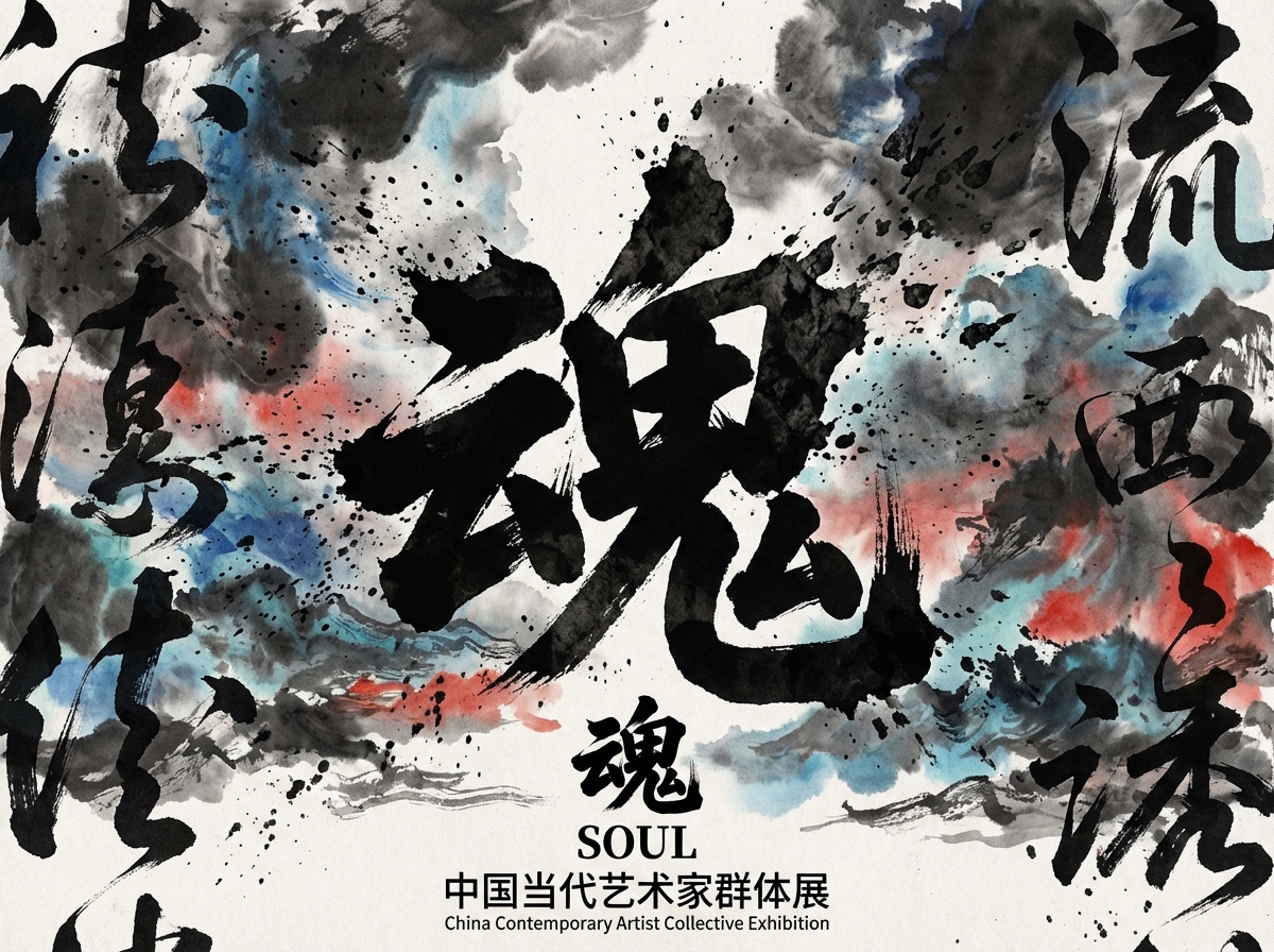 图中展示了一幅充满张力的现代水墨风格海报。画面中心是一个巨大的、笔触粗犷的黑色书法字体“魂”，占据了视觉重心。背景采用了大面积的水墨晕染效果，以浓淡不一的黑色墨迹为主，并巧妙地融入了青蓝色和朱红色的色块，营造出一种如云雾般流动、混沌而深邃的艺术氛围。画面左右两侧分布着一些较小的、半透明的草书字迹，增加了构图的层次感。底部排列着整齐的黑色文字，包括小号的“魂”字、英文单词“SOUL”以及简体中文标题“中国当代艺术家群体展”。

作为一张 AI 生成的图片，其缺陷主要体现在文字处理上：画面两侧的草书字体虽然具有书法韵味，但仔细观察会发现它们大多是无意义的笔画堆砌，并非真实的汉字，存在明显的结构扭曲和笔画断裂。此外，背景中墨点喷溅的分布略显机械重复，缺乏真实手绘墨迹的自然随机感。尽管如此，整张图片在色彩对比和视觉冲击力上依然表现出色。