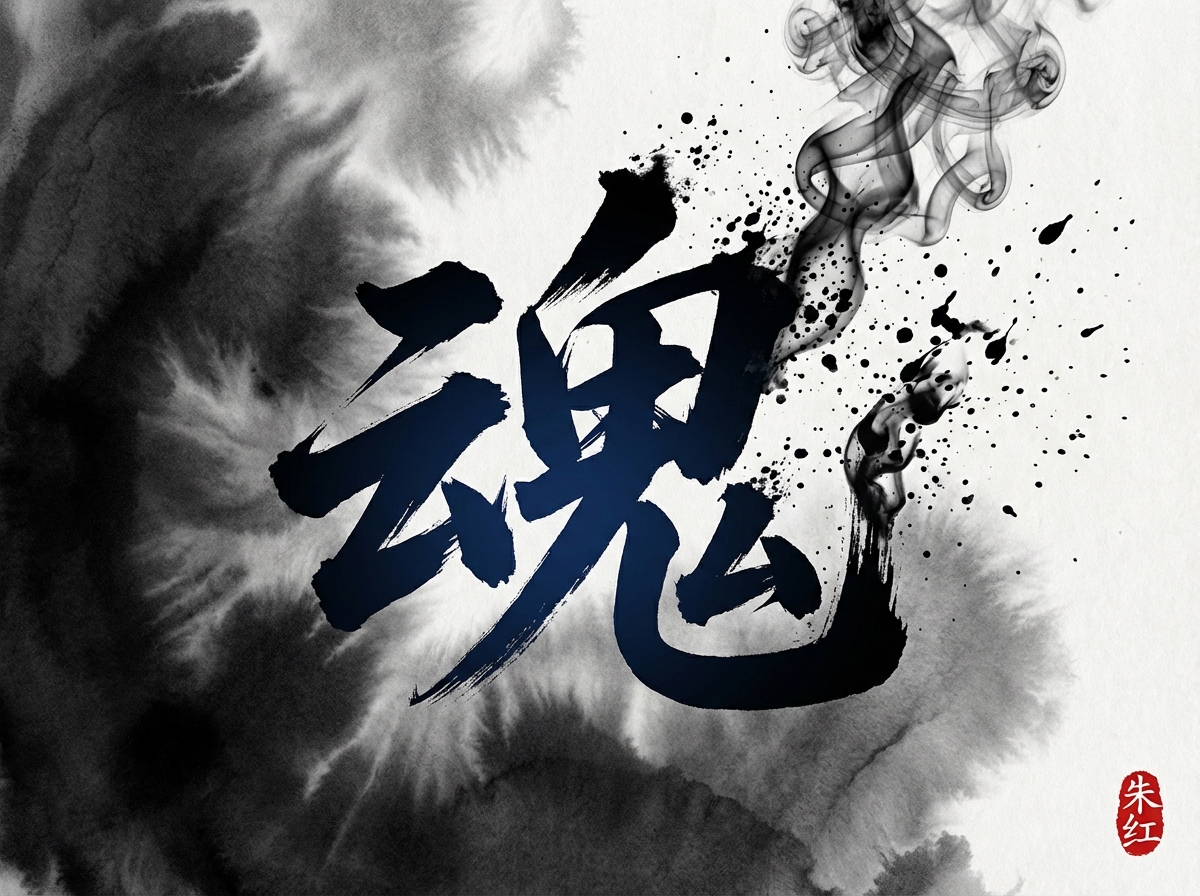 图中展示了一幅极具视觉冲击力的水墨风格艺术作品。画面的核心是一个巨大的黑色书法汉字“魂”，位于构图中央，笔触苍劲有力，带有明显的飞白效果。背景采用了大面积的黑灰色水墨晕染，如同翻滚的云雾或烟尘，营造出一种深邃且神秘的氛围。汉字的右侧伴随着向上升腾的黑色烟雾，并点缀着随机溅落的墨点，增强了画面的动感。右下角有一枚红色的艺术印章，写有“朱红”二字。作为一张 AI 生成的图片，其明显的缺陷在于汉字“魂”的结构不完全符合传统书法规范：左侧的“云”部与右侧的“鬼”部比例略显失调，且“鬼”字内部的笔画出现了不自然的扭曲与粘连，未能清晰呈现出标准的汉字结构。此外，右侧升腾的烟雾纹理在细节处显得过于机械和重复，缺乏真实水墨自然流淌的随机感。