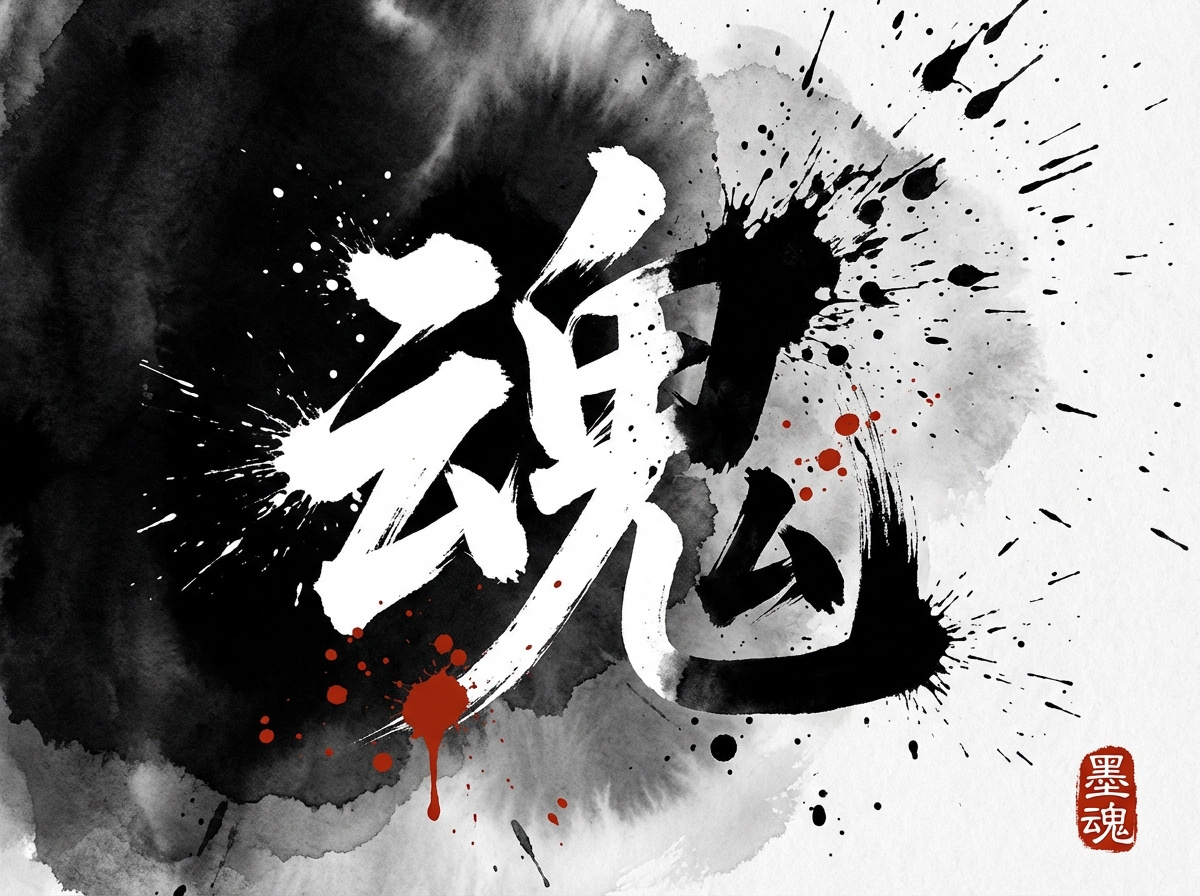 图中展示了一幅极具视觉冲击力的水墨风格艺术作品。画面中央是一个巨大的、结合了书法艺术的汉字，其结构融合了“魂”字的形态，但并非标准的规范字体。文字采用了黑白负空间的对比设计：左侧部分以白色笔触在浓黑的墨晕背景上勾勒，右侧部分则转变为黑色笔触在浅灰色的水墨渲染中延伸。背景由大面积的泼墨、晕染和细小的墨滴飞溅组成，展现出一种动态的张力。在黑白主色调中，点缀了几处鲜红色的墨迹，如同血滴般醒目。右下角有一个红色的方形印章，印有“墨魂”二字。作为 AI 生成的图像，画面存在明显的逻辑缺陷：中央的大字并非真实的汉字，其笔画结构混乱，左半部分像“云”或“公”的变体，右半部分则支离破碎，无法准确识读。此外，印章中的文字虽然可辨，但笔画边缘略显模糊，缺乏传统篆刻的刀法质感。