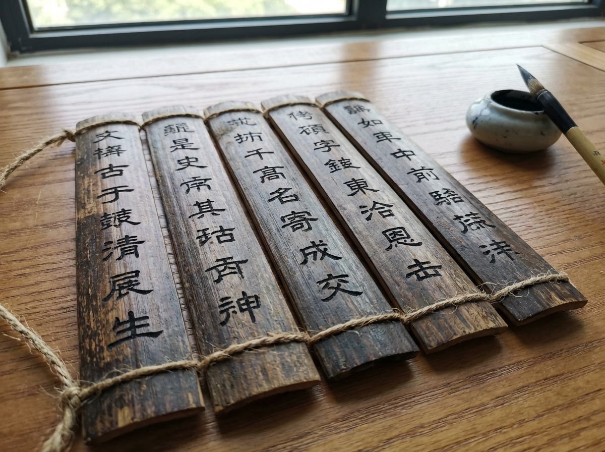 画面中展示了一副仿古的竹简，平铺在浅棕色的木质桌面上。这副竹简由五片宽大的深褐色竹片组成，竹片表面带有斑驳的纹理，并由粗糙的麻绳串联在一起。竹简上刻有黑色的繁体汉字，字迹略显凹陷。在竹简的右上方，放着一个白底青花的圆润墨池，一支毛笔斜靠在墨池边缘，笔尖带有墨迹。背景是一扇明亮的窗户，透出柔和的自然光。

这张图片存在明显的 AI 生成缺陷：首先，竹简上的文字虽然看起来像汉字，但大多是无法辨认的“伪汉字”或笔画错误的错别字，缺乏实际意义；其次，连接竹片的麻绳在缠绕逻辑上不符合物理规律，线条显得杂乱且生硬；此外，毛笔的笔杆与笔尖的连接处比例略显失调，墨池边缘的阴影处理也略欠自然。整体构图试图营造古风氛围，但细节经不起推敲。