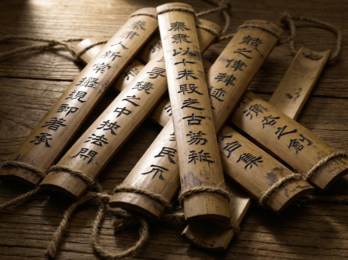 图中展示了几枚散落在粗糙木质桌面上的古代竹简。这些竹简呈现出自然的浅棕色，表面刻有黑色的繁体汉字，并由细麻绳缠绕连接。画面采用斜向构图，光线从左上方照射，营造出一种古朴、沉静的历史质感。背景是纹理深邃的木板，整体色调以暖棕色和黑色为主。

作为一张 AI 生成的图片，画面中存在明显的逻辑和细节缺陷：首先，竹简上的文字虽然看起来像汉字，但仔细观察会发现许多字形是扭曲或虚构的，无法组成实际的词句，属于典型的 AI 文本生成错误。其次，麻绳的缠绕逻辑混乱，部分绳索在竹简边缘凭空出现或消失，没有形成合理的编织结构。此外，竹简的厚度和边缘切割显得过于圆润且不均匀，缺乏真实竹材的纤维质感，透视关系在多枚竹简重叠处也略显生硬。