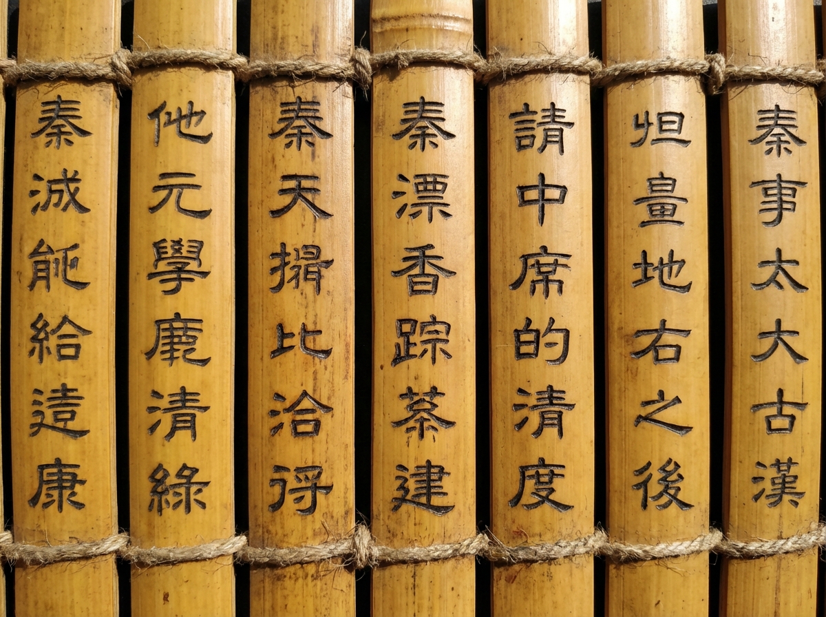 图中展示了一卷仿古风格的竹简，由七根垂直排列的黄色竹片组成，竹片之间用粗糙的麻绳上下两道缠绕连接。画面构图紧凑，光线从侧方照射，使竹片的质感和刻字的凹凸感非常明显。每根竹片上都刻有黑色的繁体中文字符，字体呈现出一种古朴的楷书风格。然而，作为一张 AI 生成的图片，画面存在明显的逻辑缺陷：竹简上的文字虽然笔画清晰，但大多是随机组合的“伪汉字”或无意义的词组，无法组成通顺的句子，部分字符的结构也存在扭曲和臆造。此外，麻绳在竹片间的缠绕方式在物理逻辑上显得有些模糊，部分绳结的纹理不够自然，呈现出 AI 常见的细节处理痕迹。
