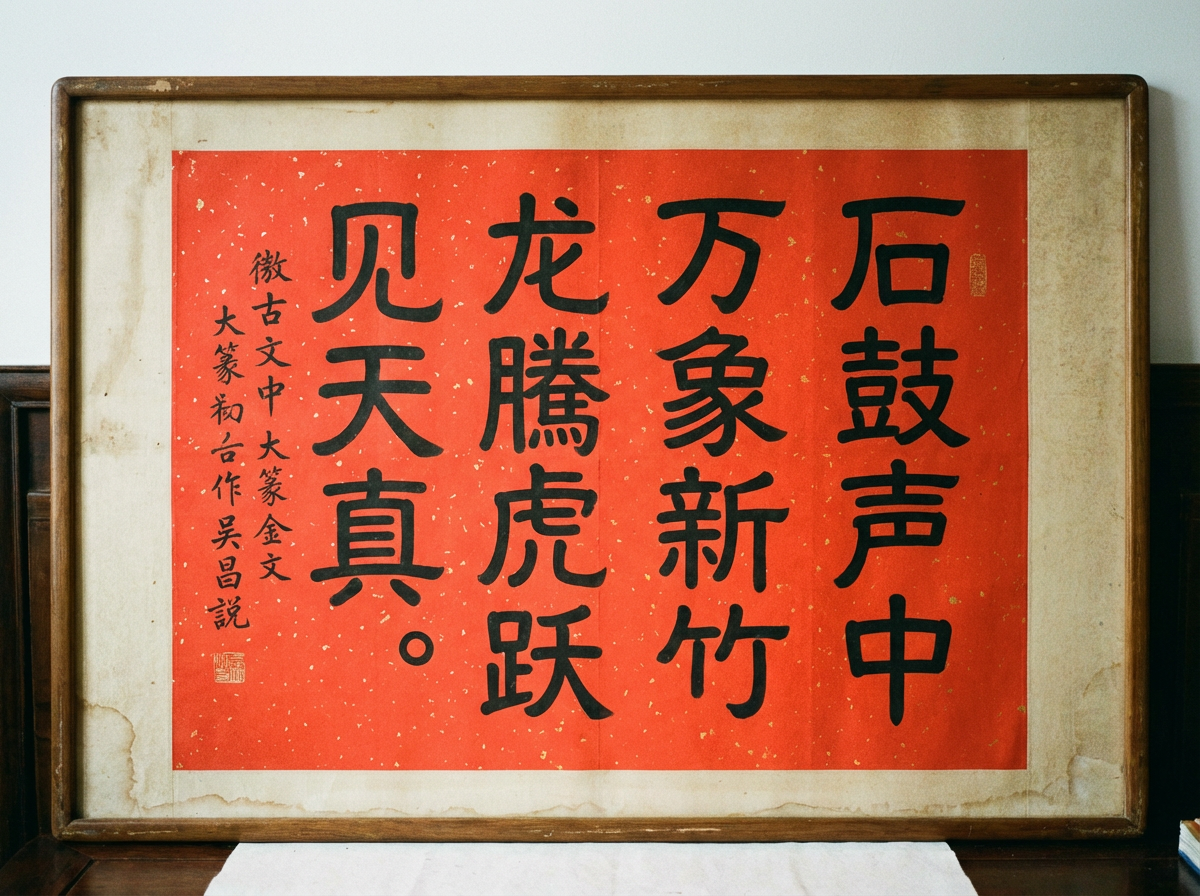图中展示了一幅装裱在深色木质画框内的书法作品。画面的主体是一张鲜艳的大红色宣纸，纸面上散布着细小的金色亮片，呈现出喜庆的洒金效果。红纸上用黑色墨迹书写着四行大字，从右至左排列，字体风格介于隶书与楷书之间。左侧附有两行较小的落款文字和一枚红色的方形印章。整幅作品被贴在带有岁痕迹、边缘泛黄的米白色衬纸上。

然而，画面中存在明显的 AI 生成缺陷，主要体现在文字内容的逻辑错误上。虽然单个汉字字形清晰，但组合在一起并无实际意义，且出现了严重的文字重叠与笔画扭曲。例如，左侧落款处的文字如“徽古文中”、“大篆初台”等词组生硬且不合文法，部分字迹模糊。此外，红纸边缘与背景衬纸的衔接处略显生硬，缺乏真实纸张叠加的自然厚度感。