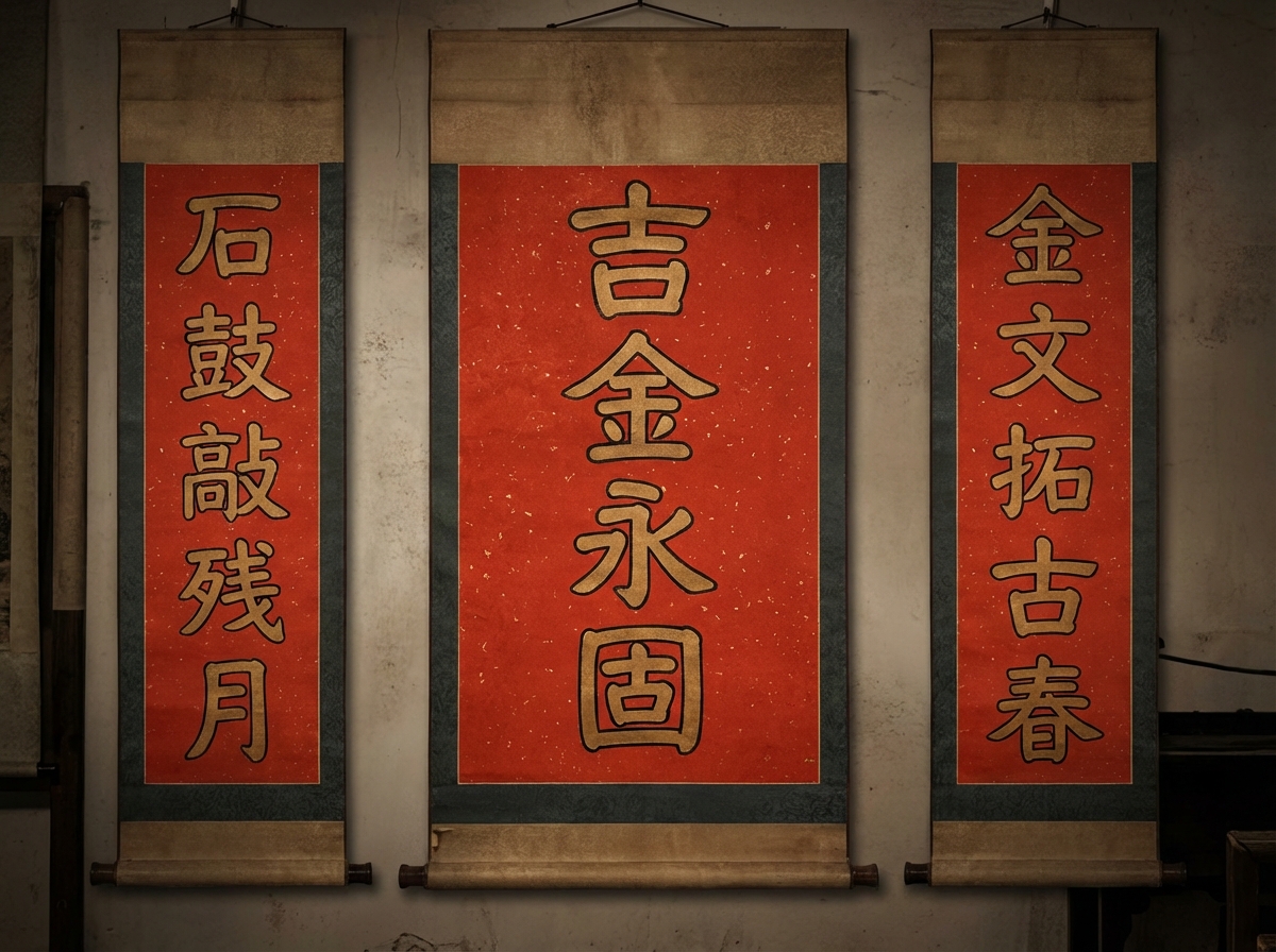 图中展示了三幅悬挂在斑驳旧墙面上的中式书法卷轴，呈现出一种古朴、庄重的艺术氛围。画面构图对称，中间是一幅较宽的大字横幅（此处垂直悬挂），左右两侧各有一幅较窄的对联。卷轴采用传统的装裱样式，红色的宣纸底色上点缀着细小的金色斑点，四周镶嵌着深青色的绫边，上下两端则是带有木质轴头的土黄色卷轴。文字呈现为带有黑边的金色立体效果，字体介于隶书与楷书之间。

画面中存在明显的 AI 生成缺陷：首先是文字逻辑错误，中间卷轴的“吉金永固”本应横向书写，却被垂直排列，且左右对联的文字内容“石鼓敲残月”与“金文拓古春”在平仄和意境上虽有模仿痕迹，但并非标准的传统对联。其次，文字的笔画细节不够自然，部分字迹如“敲”和“拓”的结构略显生硬。此外，卷轴底部的阴影处理不够真实，左侧卷轴边缘与墙壁的交界处存在透视上的轻微扭曲。