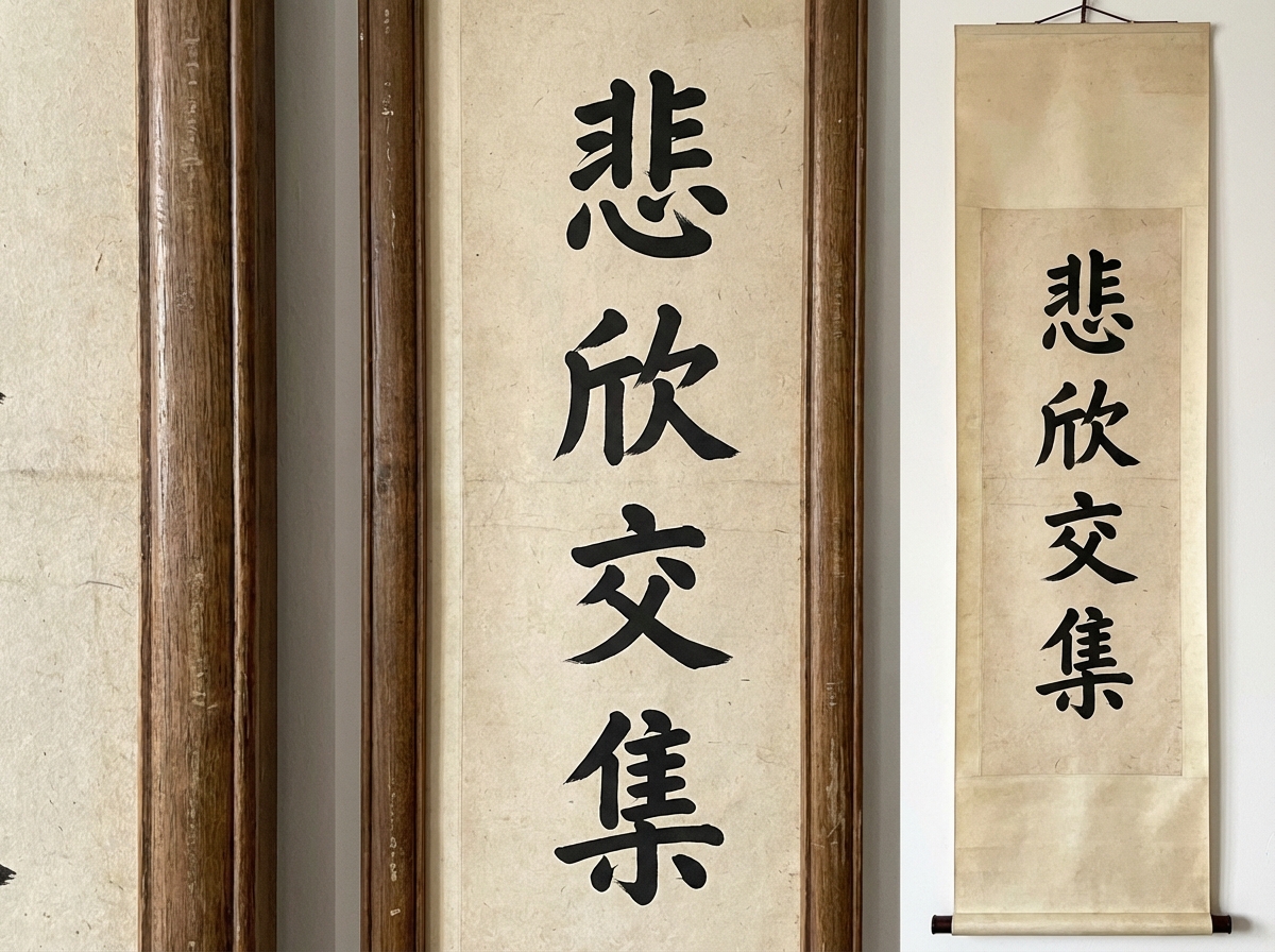 图中展示了室内墙面上悬挂的几幅中国书法作品。画面构图以近景和中景结合，左侧是装裱在深色木质边框内的书法局部，右侧则是一幅完整的竖式卷轴。书法内容为繁体中文“悲欣交集”四个大字，字体圆润厚重，模仿了弘一法师的楷书风格。纸张呈现出古朴的淡黄色，带有宣纸特有的纤维质感。

画面中存在明显的 AI 生成缺陷：首先是文字错误，左侧画框中的“欣”字左半部分结构异常，笔画重叠且不符合常规书写逻辑；其次是空间透视异常，左侧的木质画框线条在边缘处显得模糊且不连贯，与背景墙面的衔接不够自然。右侧卷轴的挂绳与墙面的固定点也显得有些生硬，缺乏真实的重力下垂感。整体色调柔和，营造出一种宁静的禅意氛围。