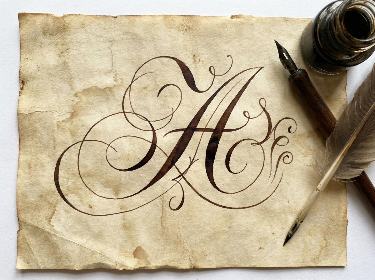 图中展示了一张具有复古质感的羊皮纸，纸张呈现出陈旧的淡黄色，边缘带有不规则的破损和深褐色的水渍斑痕。纸张中心用深褐色墨水书写了一个巨大的花体英文字母“A”，笔触流畅，带有复杂的螺旋状装饰曲线。在纸张的右上角，摆放着一个装有深色墨水的玻璃墨水瓶，旁边斜靠着一支木制手柄的蘸水笔。右下角则横放着一支带有灰色羽毛的羽毛笔，笔尖指向左下方。

从 AI 生成的细节来看，画面存在明显的逻辑缺陷：首先，羽毛笔的笔尖结构异常，看起来像是直接将金属笔尖生硬地嫁接在了羽毛管上，且连接处缺乏真实的物理结构。其次，画面右侧的木制蘸水笔杆在羽毛下方突兀地断开并消失，透视关系混乱，未能形成完整的笔杆线条。此外，字母“A”的部分装饰线条在交叉处显得过于生硬，缺乏真实墨水在纸张上自然重叠的深浅变化。