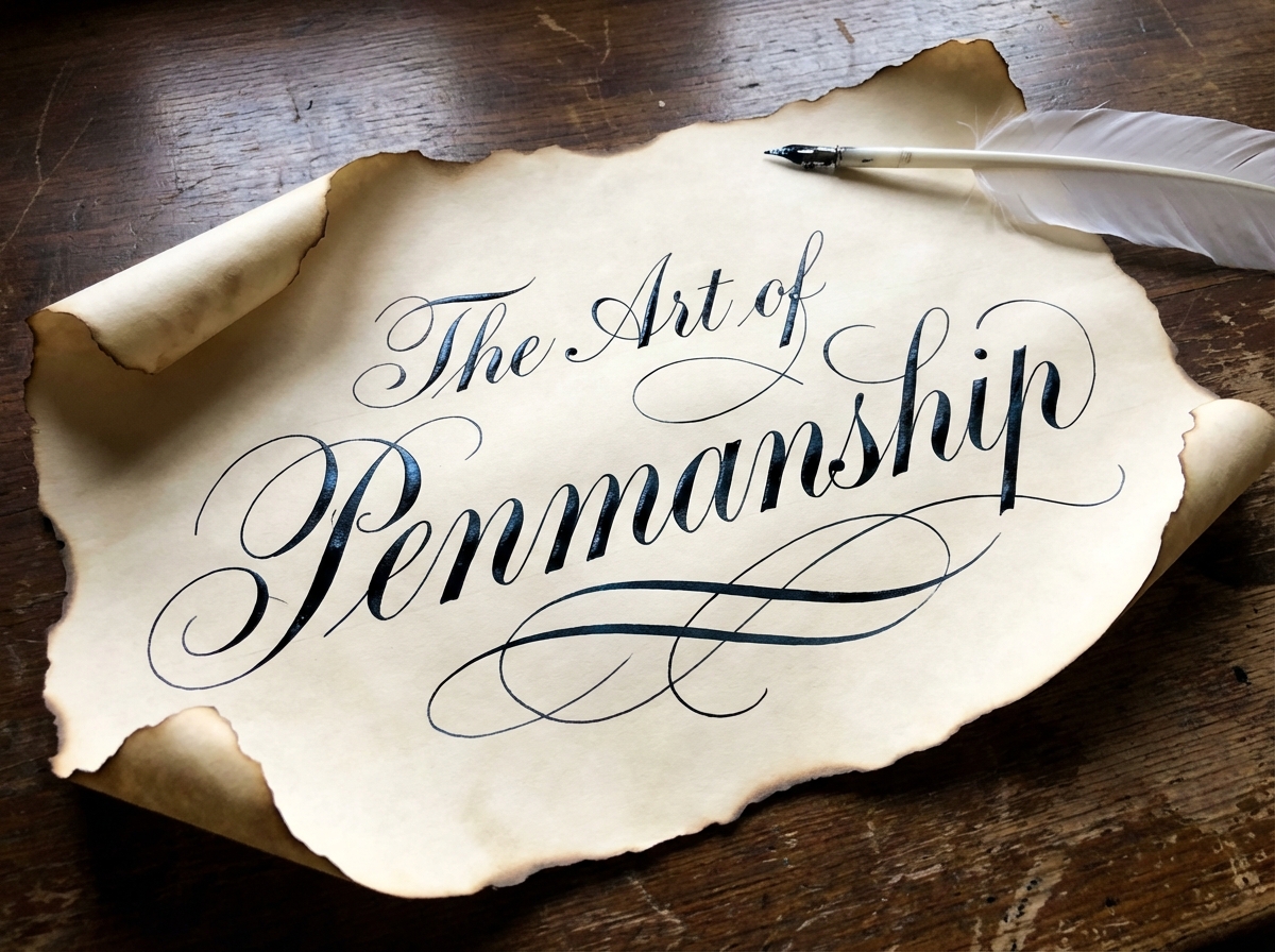 图中展示了一张铺在深色木质桌面上的复古羊皮纸，纸张边缘呈现焦灼的黄褐色，并带有自然的卷曲感。纸面上用黑色墨水书写着精美的花体英文“The Art of Penmanship”（书法艺术），字迹流畅，带有优雅的装饰性线条。纸张右上角斜放着一支白色的羽毛蘸水笔，笔尖指向左侧。整体光影柔和，营造出一种古典、宁静的艺术氛围。

在 AI 生成的细节方面，存在一些明显的逻辑缺陷：首先是文字部分，单词“Penmanship”中的字母结构略显混乱，尤其是中间的“m”和“a”连接处线条过于繁杂，且末尾的字母拼写与形态不够清晰。其次，右上角的羽毛笔构造异常，笔尖部分与笔杆的连接显得生硬且不符合物理结构，羽毛的纹理在靠近笔尖处变得模糊。此外，羊皮纸左侧的卷曲阴影与整体光源方向略有不符，显得有些失真。