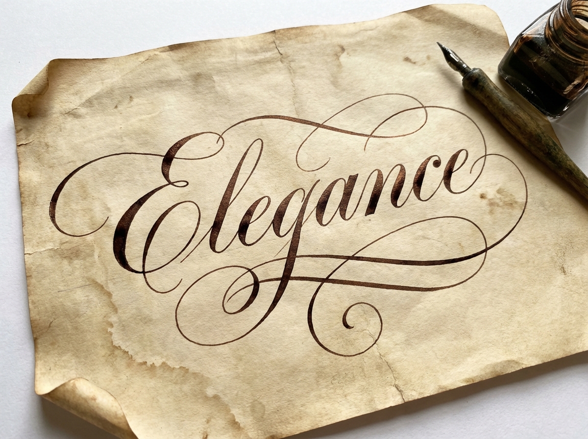 图中展示了一张具有复古质感的羊皮纸，纸张呈现出陈旧的淡黄色，边缘带有自然的卷曲、破损和深褐色的水渍污痕。纸张中心使用深褐色墨水书写着花体英文单词“Elegance”，字体线条流畅且富有粗细变化，带有华丽的装饰性曲线。在纸张的右上角，斜放着一支木质笔杆的蘸水笔，笔尖指向左下方，旁边还有一个装有深色墨水的方形玻璃墨水瓶。整体色调以暖棕色和米色为主，营造出一种古典书法创作的氛围。在 AI 生成的细节方面，存在明显的逻辑缺陷：右上角的蘸水笔笔尖与笔杆的连接处显得生硬且结构模糊，笔尖的形状不够规整；此外，墨水瓶的瓶口透视略显扭曲，且瓶中墨水的质感与瓶身玻璃的衔接不够自然。