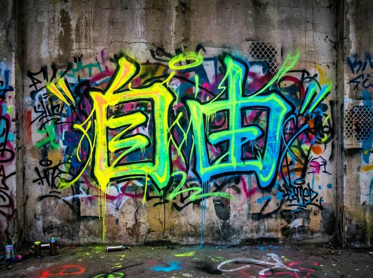 图中展现了一面充满街头艺术气息的斑驳水泥墙，墙中心是两个巨大的喷漆汉字“自由”。这两个字采用了鲜艳的荧光色调，左侧的“自”字以明黄色为主，右侧的“由”字则呈现出亮蓝色，边缘都包裹着翠绿色的光晕，并带有油漆向下流淌的自然滴落感。背景墙面布满了杂乱的黑色、紫色和红色涂鸦线条，显得粗犷且富有层次。地面上散落着几罐喷漆瓶，周围点缀着五颜六色的油漆斑点。

作为一张 AI 生成的图片，画面中存在一些明显的逻辑缺陷：首先，汉字“自”的笔画结构不规范，中间的横画与外框连接方式显得生硬且不符合常规书写逻辑；其次，右下角的喷漆罐呈现出一种扭曲的透视感，仿佛嵌入了地面，且比例与周围物体不协调；此外，背景中的网格状通风口纹理分布不均，显得有些模糊和破碎，缺乏真实建筑的严谨感。