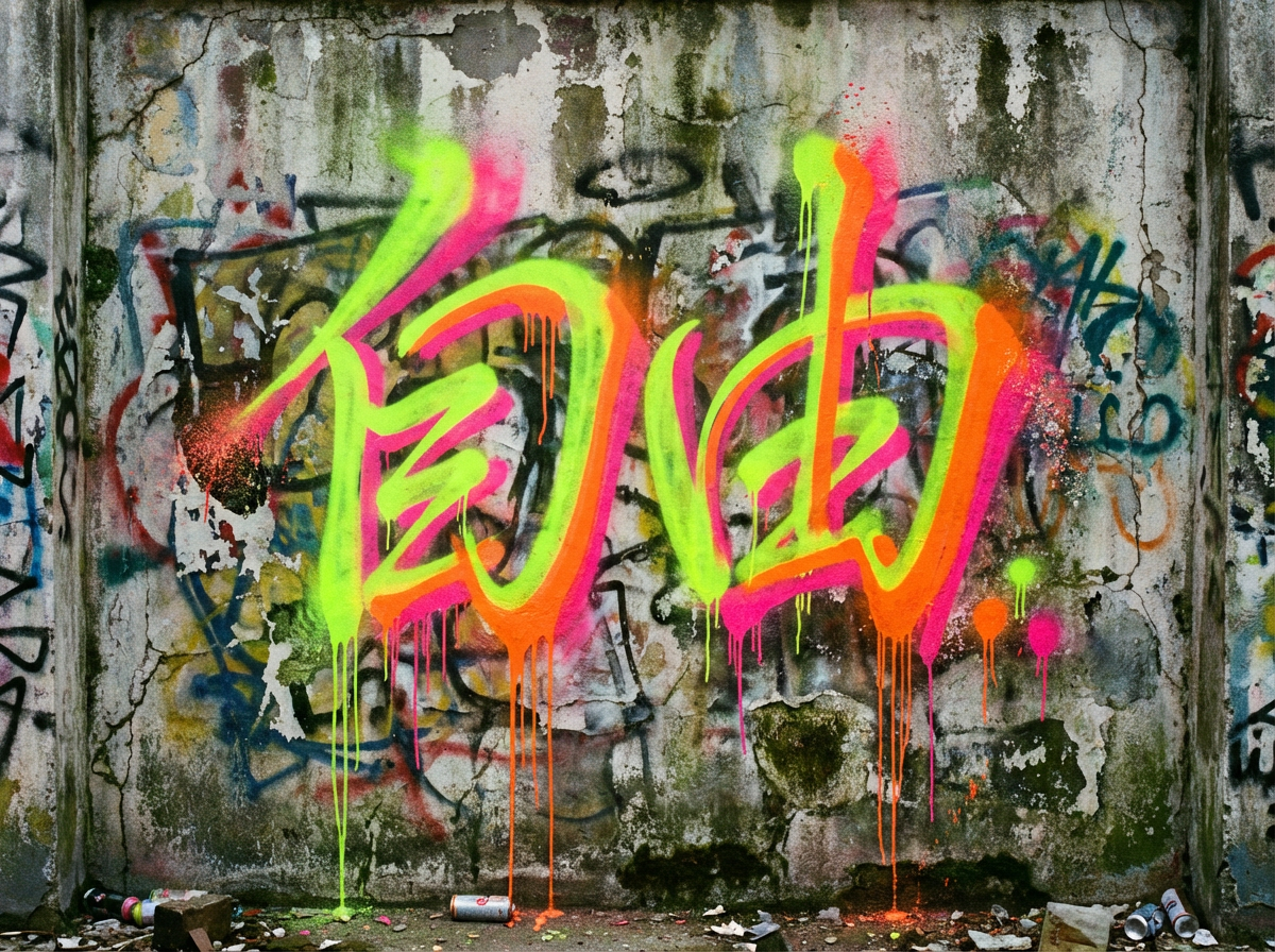 画面中是一面充满沧桑感的灰色水泥旧墙，墙面上布满了斑驳的裂纹、脱落的漆皮以及青苔痕迹。视觉中心是两个巨大的喷漆涂鸦汉字“自由”，采用了极其鲜艳的荧光绿、亮橙色和玫粉色叠加而成，色彩对比强烈，呈现出一种现代街头艺术与破旧背景的碰撞感。字体笔画粗犷，边缘有明显的油漆流淌滴落的痕迹，一直延伸到墙根。背景中还隐约可见一些模糊的蓝色和黑色旧涂鸦线条。地面上散落着几个废弃的喷漆罐和碎石。作为一张 AI 生成的图片，其缺陷在于汉字的结构略显生硬，尤其是“自”字的下半部分笔画融合得不够自然，且墙面左侧的裂缝纹理在放大后显得重复且缺乏逻辑，地面上的喷漆罐透视角度也略显失真，与地面的接触感不够真实。