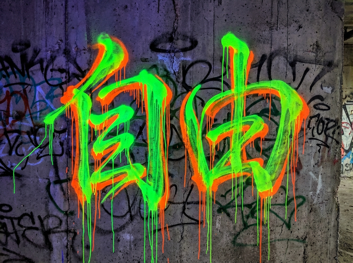 图中展示了一面充满街头艺术风格的粗糙混凝土墙壁。画面的核心位置是两个巨大的喷漆汉字“自由”，采用了极其鲜艳的荧光绿色和亮橙色叠涂，色彩对比强烈，具有很高的视觉冲击力。字体风格狂放，带有明显的喷漆流淌痕迹，垂直向下的漆滴模拟了重力感。背景墙面呈现暗灰色，带有斑驳的裂纹和陈旧感，上面还覆盖着许多模糊的黑色、紫色和蓝色涂鸦线条，营造出一种地下或废弃空间的氛围。

作为一张 AI 生成的图片，画面存在一些逻辑和细节上的瑕疵：首先是文字结构问题，“自”字的笔画排列显得扭曲且不符合常规书写逻辑，中间的横画连接混乱；“由”字的内部结构也发生了变形，看起来更像是随意的线条堆砌而非标准汉字。此外，背景中的黑色涂鸦线条缺乏真实的层次感，部分线条与墙面裂缝的衔接显得生硬，且右侧边缘的墙体透视略显扁平，缺乏真实物理空间的深度感。
