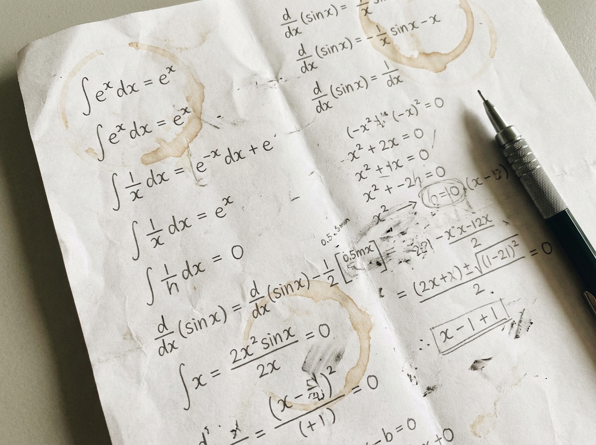 图中展示了一张布满数学公式的白色草稿纸，纸张显得有些褶皱，右侧放置着一支黑色的自动铅笔。纸面上散落着几个浅褐色的圆形咖啡渍，给人一种长时间伏案工作的疲劳感。公式涵盖了微积分和代数内容，手写体看起来比较自然。然而，作为一张 AI 生成的图片，画面中存在多处明显的逻辑和视觉缺陷：首先，数学公式逻辑混乱，例如出现了“1/x 的积分等于 e 的 x 次方”以及“sin x 的导数等于 1/dx”等完全错误的表达；其次，部分字符出现了扭曲和重叠，甚至有无法辨认的乱码符号；笔尖与纸面的透视关系略显生硬，且纸上的咖啡渍边缘过于规整，缺乏自然的渗透感。整体构图虽然营造了学术氛围，但细节上的科学性错误揭示了其 AI 生成的本质。