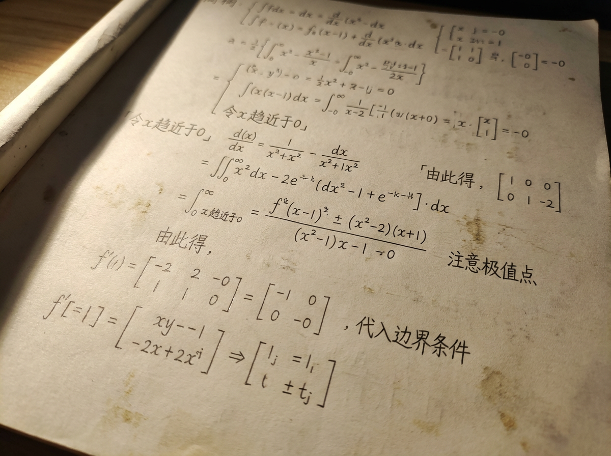 图中展示了一张泛黄且带有污渍的旧纸张，上面布满了密密麻麻的数学公式和中文注解。画面采用斜向构图，光线从左上方投射，营造出一种深夜伏案研究的氛围。纸上的内容看似专业，包含微积分符号、矩阵、极限以及「令x趋近于0」、「由此得」、「注意极值点」等手写体中文字样。然而，作为一张 AI 生成的图片，画面存在明显的逻辑错误和视觉缺陷：首先，数学公式在逻辑上完全不通，符号堆砌杂乱，例如积分号的上下限标注异常，矩阵内部的数值排列不符合数学规范；其次，文字部分出现了 AI 常见的笔画扭曲，部分汉字结构模糊，甚至出现了无法辨认的虚假字符；最后，纸张边缘的阴影与光影逻辑略显生硬，背景的木纹桌面也缺乏真实的纹理细节。