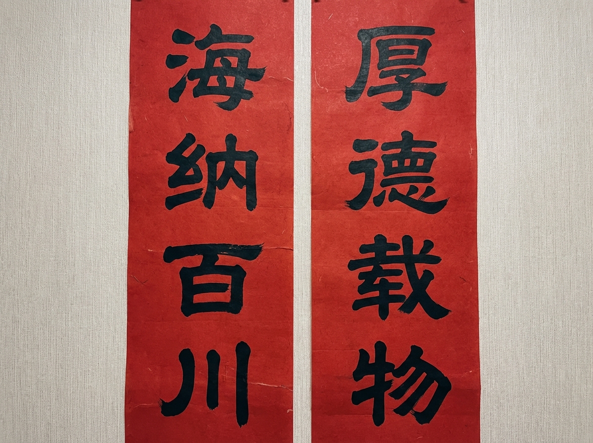 画面中展示了两幅竖向排列的红色春联纸，背景是带有浅色垂直纹理的墙面。纸张呈现鲜艳的朱红色，上面用黑色墨水书写着楷书汉字。左侧联写着“海纳百川”，右侧联写着“厚德载物”。整体构图居中，光线均匀，试图模拟真实的书法作品挂在墙上的场景。

然而，作为一张 AI 生成的图片，画面中存在明显的逻辑和细节缺陷。首先，文字书写极其不规范，存在多处笔画错误和形似字：左侧“海”字的偏旁部首结构生硬，“纳”字的右半部分笔画杂乱，“川”字末笔扭曲；右侧“厚”字内部结构缺失，“德”字右侧笔画堆叠模糊，“载”字和“物”字的间架结构也显得支离破碎，不符合汉字书写规律。此外，两张红纸的边缘处理过于生硬，缺乏纸张自然的厚度感与悬挂的物理褶皱，显得像贴在墙上的平面贴纸。