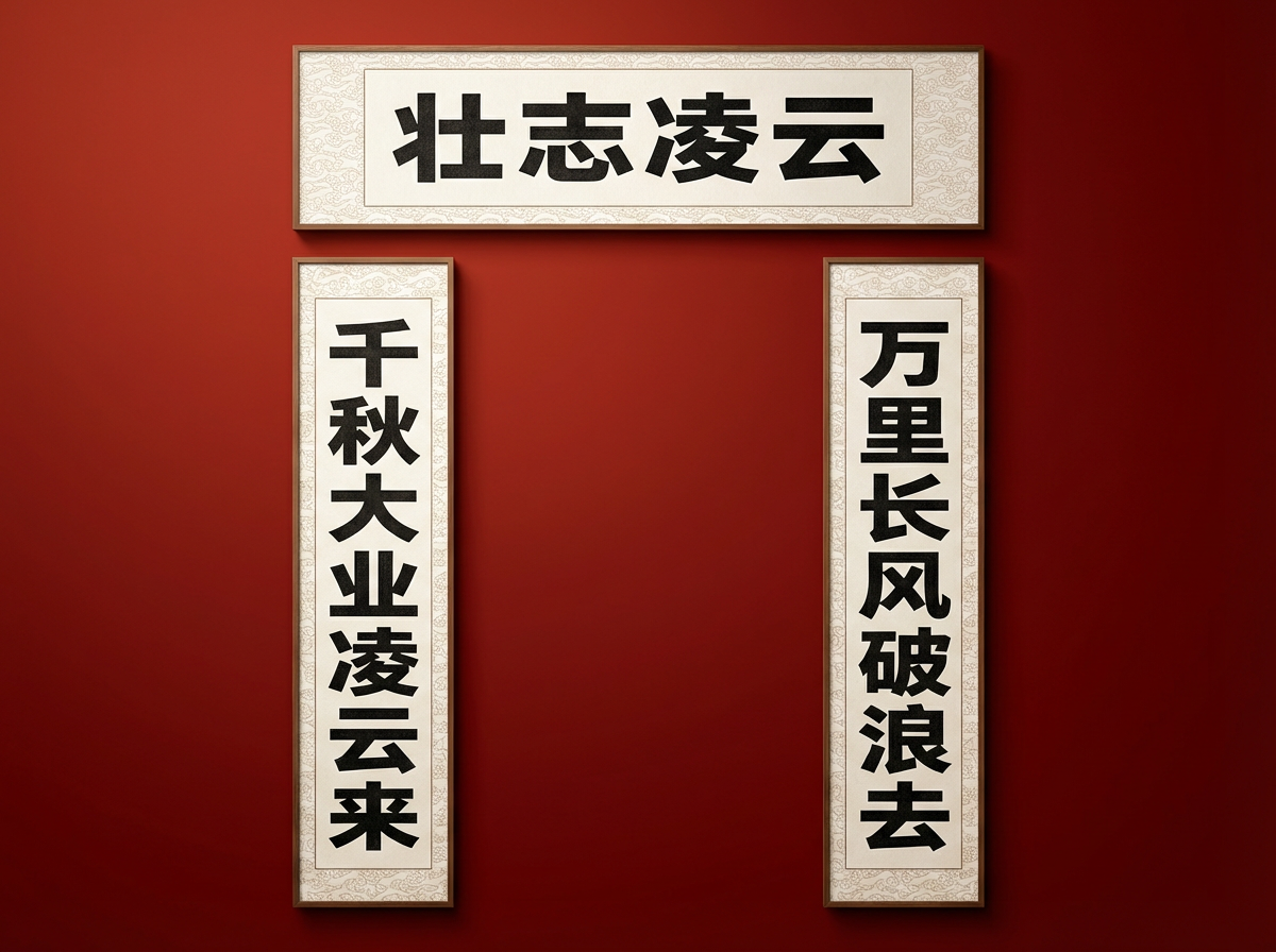 画面中展示了一副悬挂在深红色墙面上的中式对联。整幅作品由三部分组成：上方是一个横向的横批，左右两侧各有一条垂直的竖联。对联采用了米白色的底纸，边缘带有精致的浅色云纹装饰，并镶嵌在深木色的细边框内。背景的红色墙面色调沉稳，带有微弱的光影渐变，营造出一种庄重且喜庆的氛围。

然而，作为 AI 生成的图像，画面中存在明显的文字逻辑错误。横批上的四个大字为“壮志凌云”。右侧竖联写着“万里长风破浪去”，左侧竖联则是“千秋大业凌云来”。明显的缺陷在于，左侧竖联末尾的“凌云”二字与横批内容完全重复，这在传统对联创作中属于严重的“合掌”禁忌，且文字的笔画细节在放大观察时略显生硬，缺乏真实书法的灵动感。此外，三块牌匾的阴影投射方向略有不一致，显示出光影处理上的微小瑕疵。