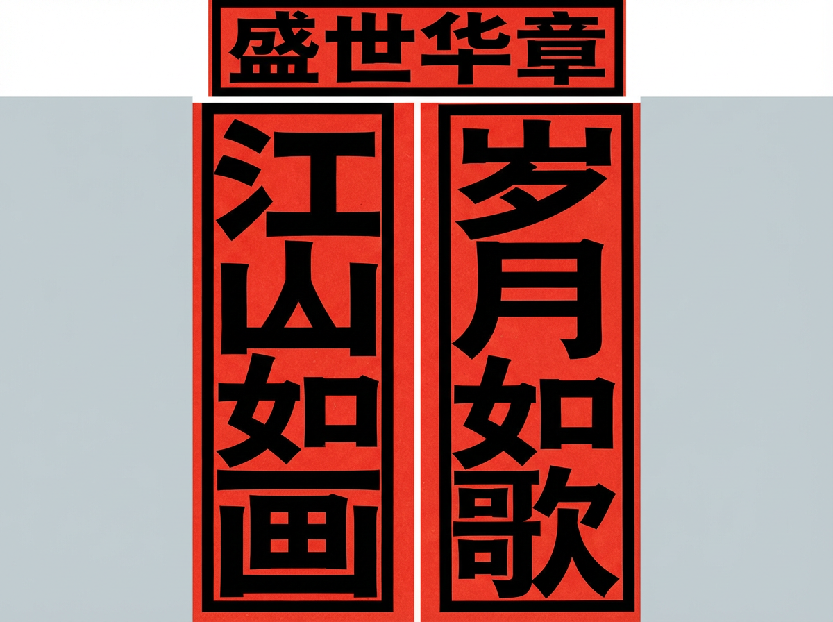 图中展示了一副具有中国传统春联样式的平面设计作品。画面背景为浅灰色，主体由三块鲜红色的矩形组成，每块矩形都有粗重的黑色边框。上方是一个横向的横批，写着“盛世华章”四个黑色简体大字；下方是两行纵向排列的对联，左侧为“江山如画”，右侧为“岁月如歌”。字体采用了厚重的黑体风格，视觉冲击力较强。

作为一张 AI 生成的图片，画面存在明显的逻辑和细节缺陷：首先，文字的排版极其不规范，字形扭曲且笔画粗细不均，例如“画”字内部结构混乱，“歌”字的欠字旁比例失调。其次，构图存在严重的透视和对齐问题，横批与下方的对联并未居中对齐，且红色背景块的边缘粗糙，甚至出现了背景色块与灰色底色交界处的像素撕裂感。此外，对联的左右位置与传统习惯相反，整体呈现出一种生硬且不自然的数字合成痕迹。