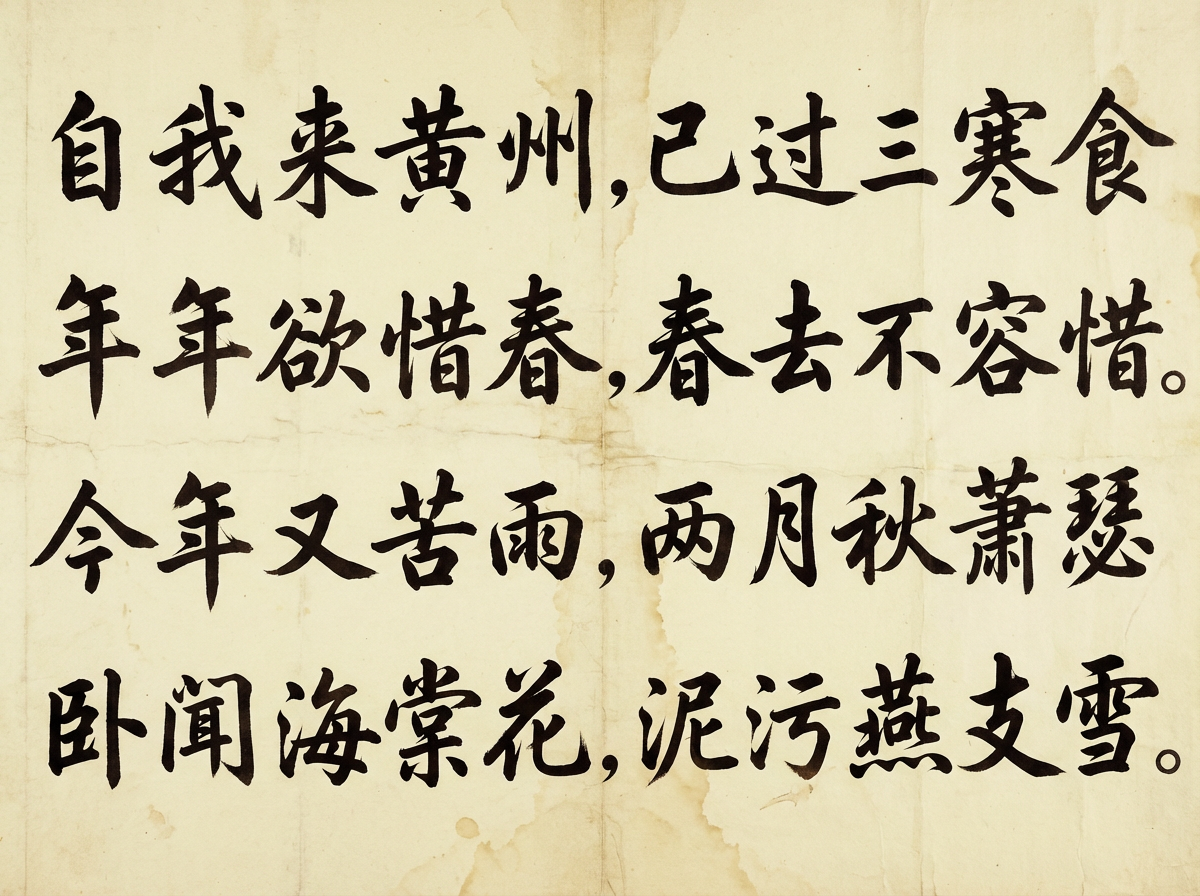 图中展示了一幅模拟中国传统书法作品的画面。背景是带有褶皱和陈旧水渍纹理的淡黄色宣纸，文字采用黑色毛笔楷书字体，排列为四行。内容试图模仿苏轼的《黄州寒食帖》，文字清晰，笔触带有水墨感。然而，作为 AI 生成的图片，画面中存在明显的文字错误和逻辑缺陷：首先，文字内容并非完全准确的古诗词，出现了如“两月秋萧瑟”等逻辑不通的拼凑词句；其次，书法字体的结构不稳定，部分汉字的笔画存在缺失或扭曲，例如“瑟”字下半部结构模糊，“雪”字的笔画连接生硬。此外，纸张上的折痕与文字的叠加关系显得不够自然，缺乏真实宣纸的纤维质感，整体呈现出一种人工合成的刻意感。