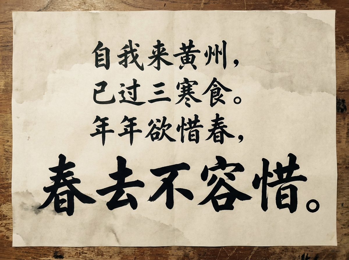 图中展示了一张平铺在深色木质纹理桌面上的旧纸张，纸上书写着四行黑色的中文书法字体。纸张呈现出一种仿古的米黄色，边缘略显不整齐，表面带有淡淡的水渍或墨迹晕染效果，营造出一种历史沉淀感。文字内容出自苏轼的《寒食帖》，前三行字号较小，最后一行字号明显放大，视觉重心集中在底部的“春去不容惜”五个大字上。

画面中存在明显的 AI 生成缺陷：首先是文字的笔画逻辑不统一，部分字形（如“我”、“黄”、“惜”）的钩笔和撇画显得生硬且不符合传统毛笔书法的运笔规律；其次，纸张正中央有一条垂直的折痕，但折痕处的文字笔画却完全平整，没有随纸张起伏产生自然的物理形变；此外，背景木桌的纹理在纸张边缘处衔接得不够自然，且纸张左下角的墨迹晕染显得过于规律和数字化，缺乏真实水墨渗透的随机感。