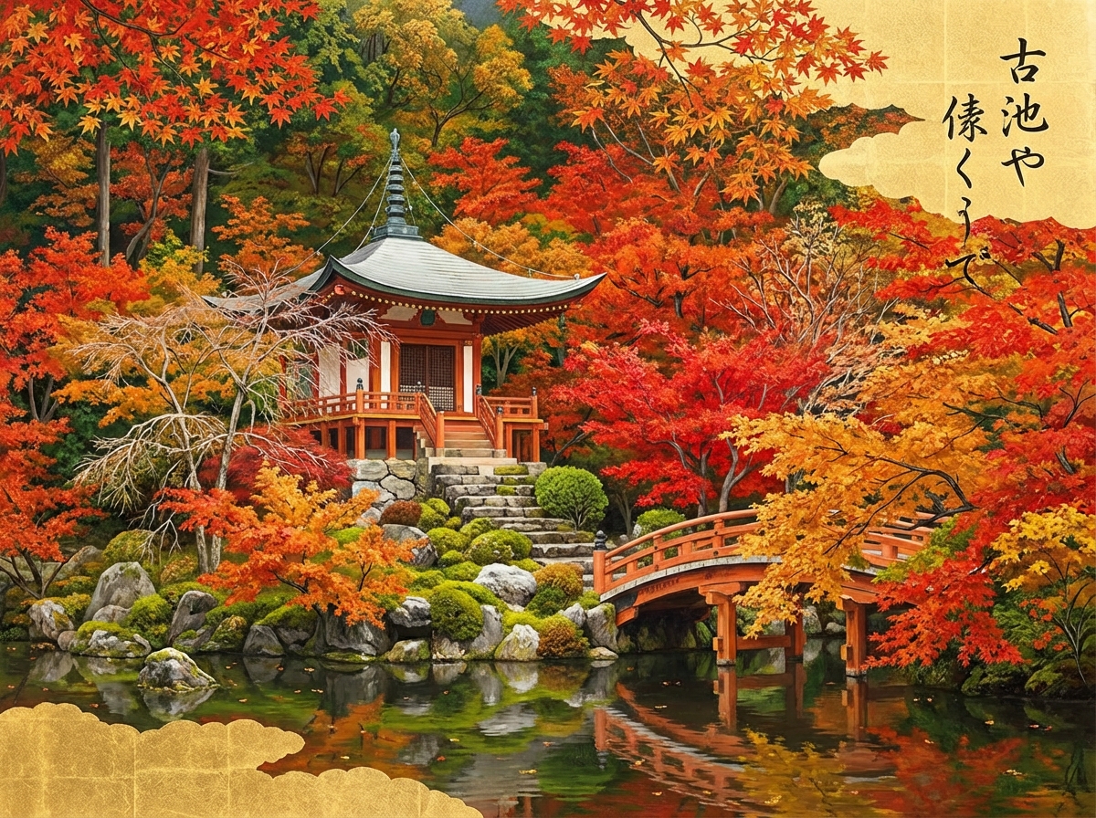 图中展现了一幅充满禅意的日本秋季庭院景观。画面中心是一座传统的朱红色木质凉亭，拥有灰色的多角形尖顶，坐落在由乱石堆砌的基座上。凉亭周围环绕着层林尽染的枫树，色彩涵盖了鲜艳的火红、深橙和明黄，与背景中翠绿的松柏交相辉映。一条朱红色的木制拱桥横跨在平静的水面上，倒映出斑斓的秋色。画面的左下角和右上角装饰有金箔质感的云纹边框，右上角还带有黑色毛笔书写的日语书法。

在 AI 生成的细节方面，存在一些明显的逻辑缺陷：画面右侧的木桥结构异常，桥面与支撑柱的连接方式不符合物理透视，且桥梁在水中的倒影与实物形状无法完全对应。此外，右上角的书法文字虽然形似日语，但笔画结构模糊，并非标准的规范汉字或假名。部分远处的树叶纹理过于细碎且重复，缺乏自然的层次感。