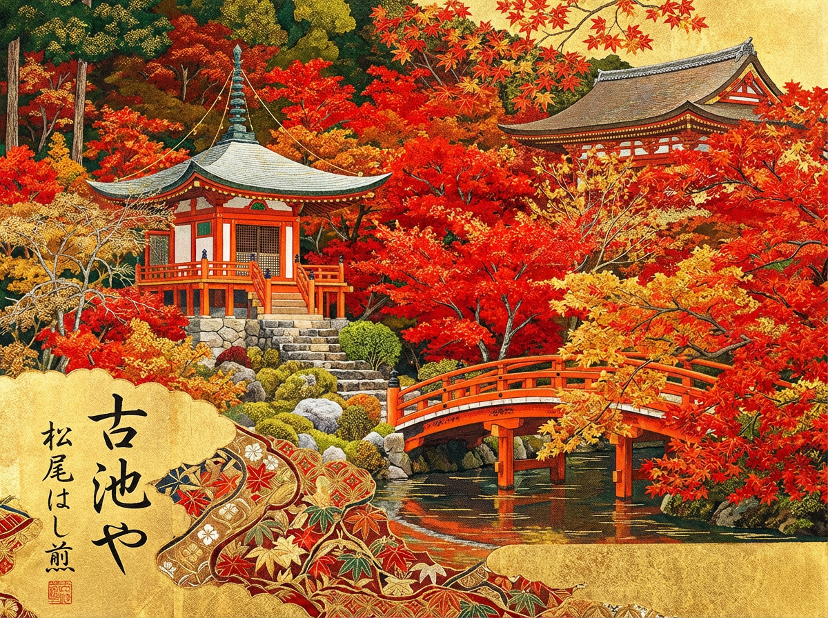图中描绘了一幅充满日本传统艺术风格的秋季园林景观。画面左侧是一座朱红色的六角形佛塔建筑，矗立在石阶之上；右侧背景中隐约可见另一座大型殿宇。一座红色的木制拱桥横跨在平静的水池上，四周环绕着层层叠叠、色彩浓郁的枫树，呈现出鲜艳的火红色、橙色和金黄色。画面左下角有一块类似金色扇面的装饰区域，上面写有黑色的书法字体，并配以精美的和服绸缎纹样。整体色调富丽堂皇，大量使用金箔质感的背景。在 AI 生成的细节方面，画面存在明显的逻辑缺陷：左侧佛塔顶部的金属塔刹结构歪斜且线条杂乱，与建筑中轴线不符；拱桥下方的支柱与水面倒影的衔接显得生硬且透视不自然；左下角的书法文字虽然形似日文或汉字，但部分笔画结构模糊且不符合真实的文字逻辑。此外，远景处的树丛纹理过于细碎，缺乏真实植被的层次感。