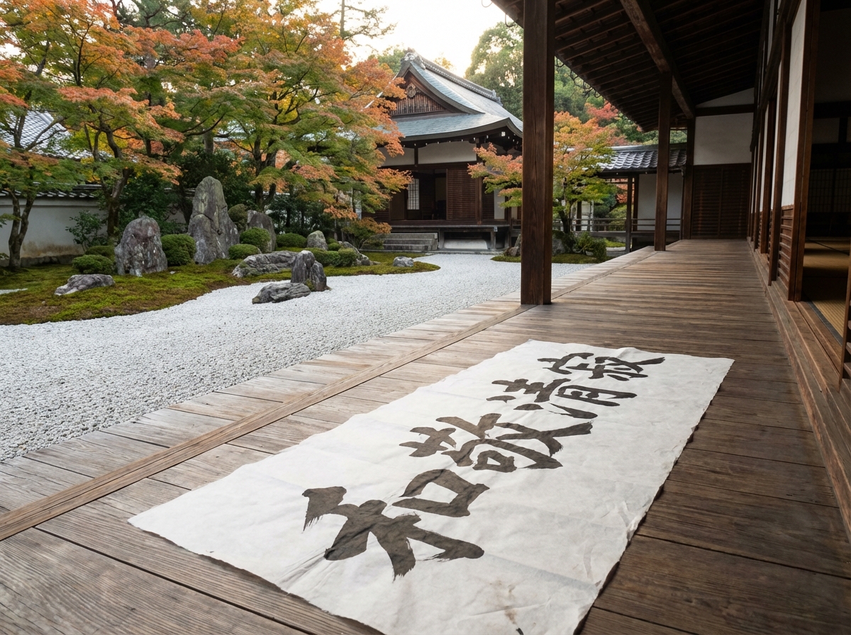 图中展现了一个宁静的日式禅意庭院。画面右侧是一条深褐色的木制长廊，地板上铺着一张白色的长条宣纸，上面写有黑色的书法字体。庭院中心是由白色细石铺成的枯山水景观，左侧点缀着几块形态各异的大石头、翠绿的苔藓和修剪整齐的小灌木。背景中，几棵枫树正处于转色期，叶片呈现出橙红与嫩绿交织的色彩，掩映着一座传统的木质日式殿堂。整体色调自然和谐，光线柔和，营造出一种超脱尘世的静谧感。

在 AI 生成细节方面，画面存在明显的逻辑错误：首先，长廊地板上的书法文字并非真实的汉字或日语假名，而是笔画杂乱、无法辨认的臆造字符。其次，长廊右侧的木柱与屋顶的衔接处透视略显生硬，远处的走廊阴影处理不够自然。此外，宣纸边缘与木地板的融合处缺乏真实的厚度感，像是直接贴在平面上的贴纸。尽管如此，图片成功捕捉了和式建筑与自然景观融合的韵味。