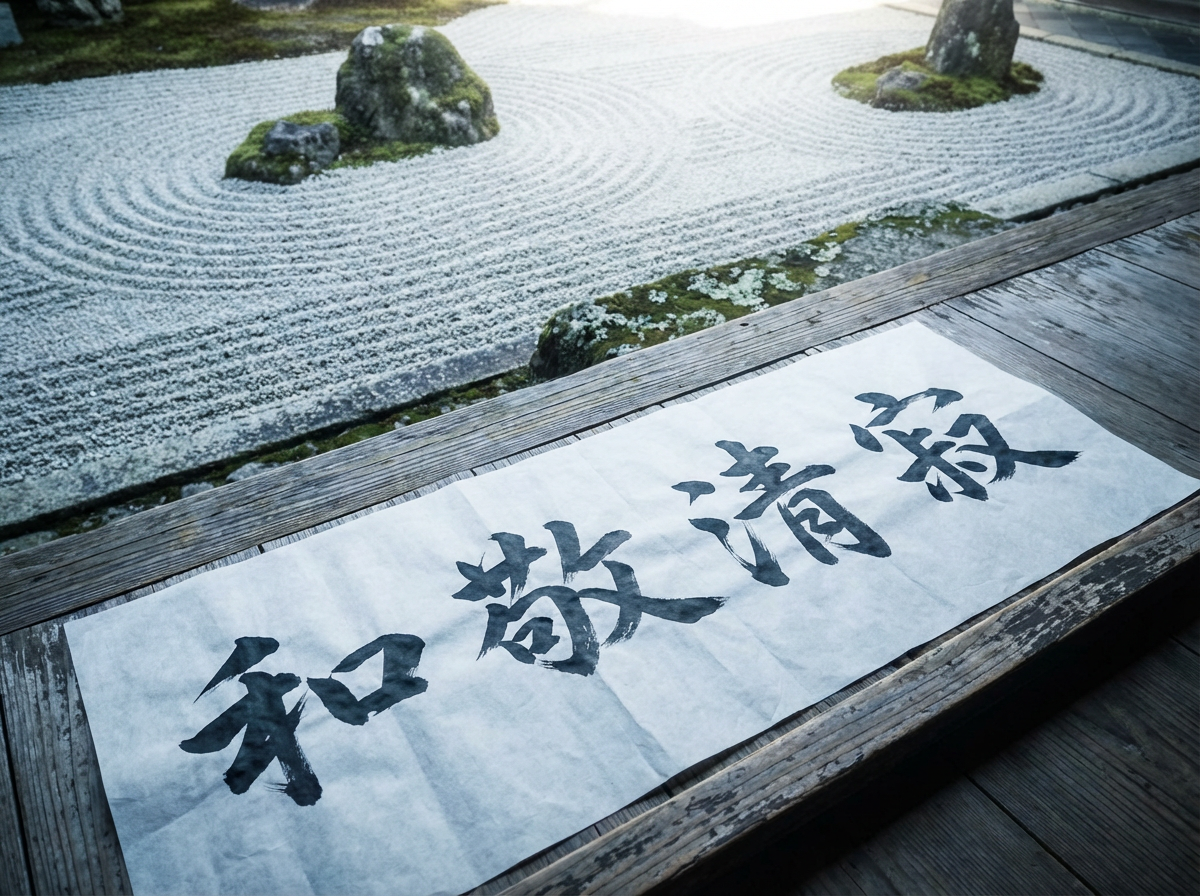 图中展现了一个宁静的日式枯山水庭院场景。画面前景是一条深色的木质走廊，上面铺着一张长方形的白色宣纸，纸上用黑色毛笔书写着四个汉字。背景是精心耙制的白色细沙，沙面上环绕着几块长有青苔的岩石，形成了水波纹般的同心圆图案。整体色调偏冷，呈现出一种清幽、禅意的氛围。光线从上方柔和地洒下，使沙纹的质感清晰可见。

在 AI 生成的细节方面，画面存在明显的逻辑与笔画错误：首先，宣纸上的书法文字并非标准汉字，虽然看起来像“和敬清寂”，但每个字的笔画都存在扭曲、断裂或错误的堆叠，属于典型的 AI 伪造文字。其次，宣纸与木地板的交界处透视略显生硬，纸张边缘过于平整，缺乏自然的厚度感。此外，背景中右侧岩石周围的沙纹在衔接处显得有些紊乱，不符合实际人工耙制出的严谨逻辑。
